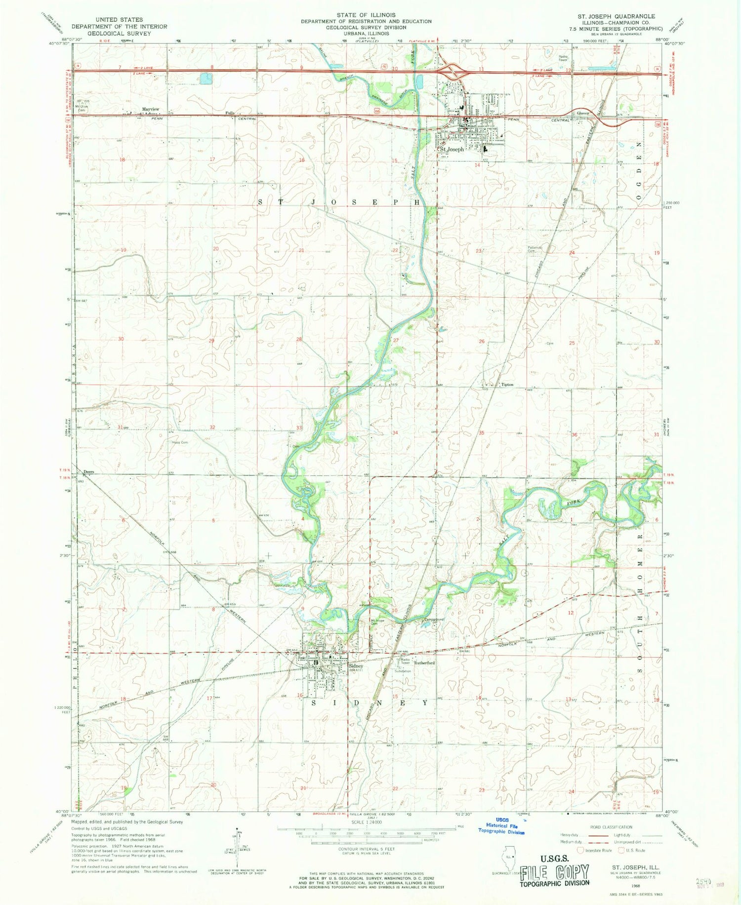Classic USGS Saint Joseph Illinois 7.5'x7.5' Topo Map Image