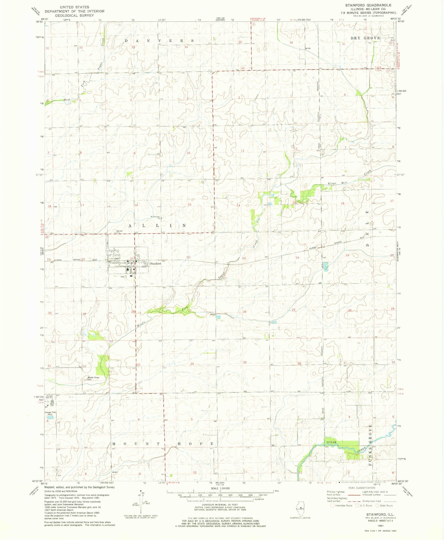 Classic USGS Stanford Illinois 7.5'x7.5' Topo Map Image