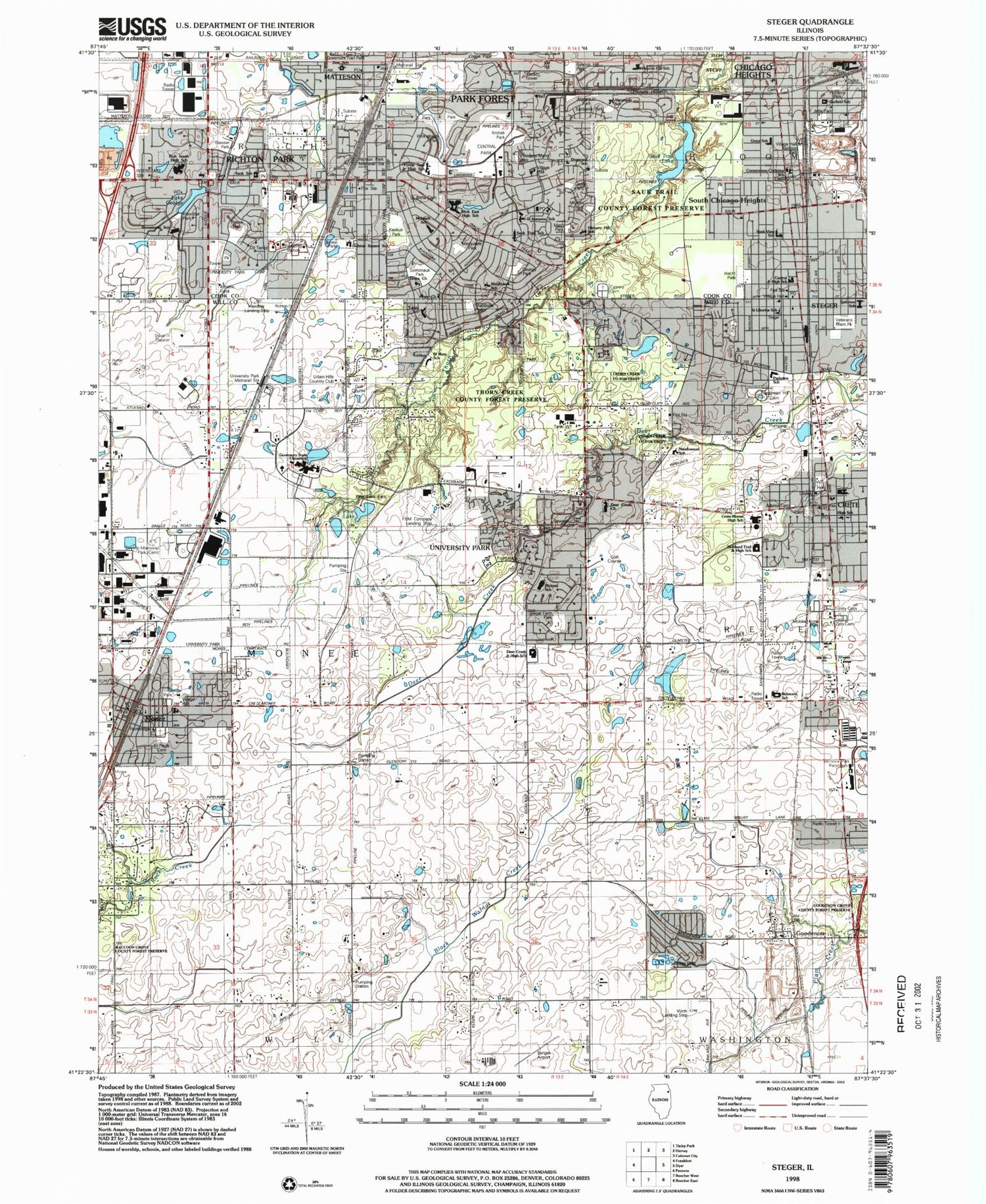 Classic USGS Steger Illinois 7.5'x7.5' Topo Map Image