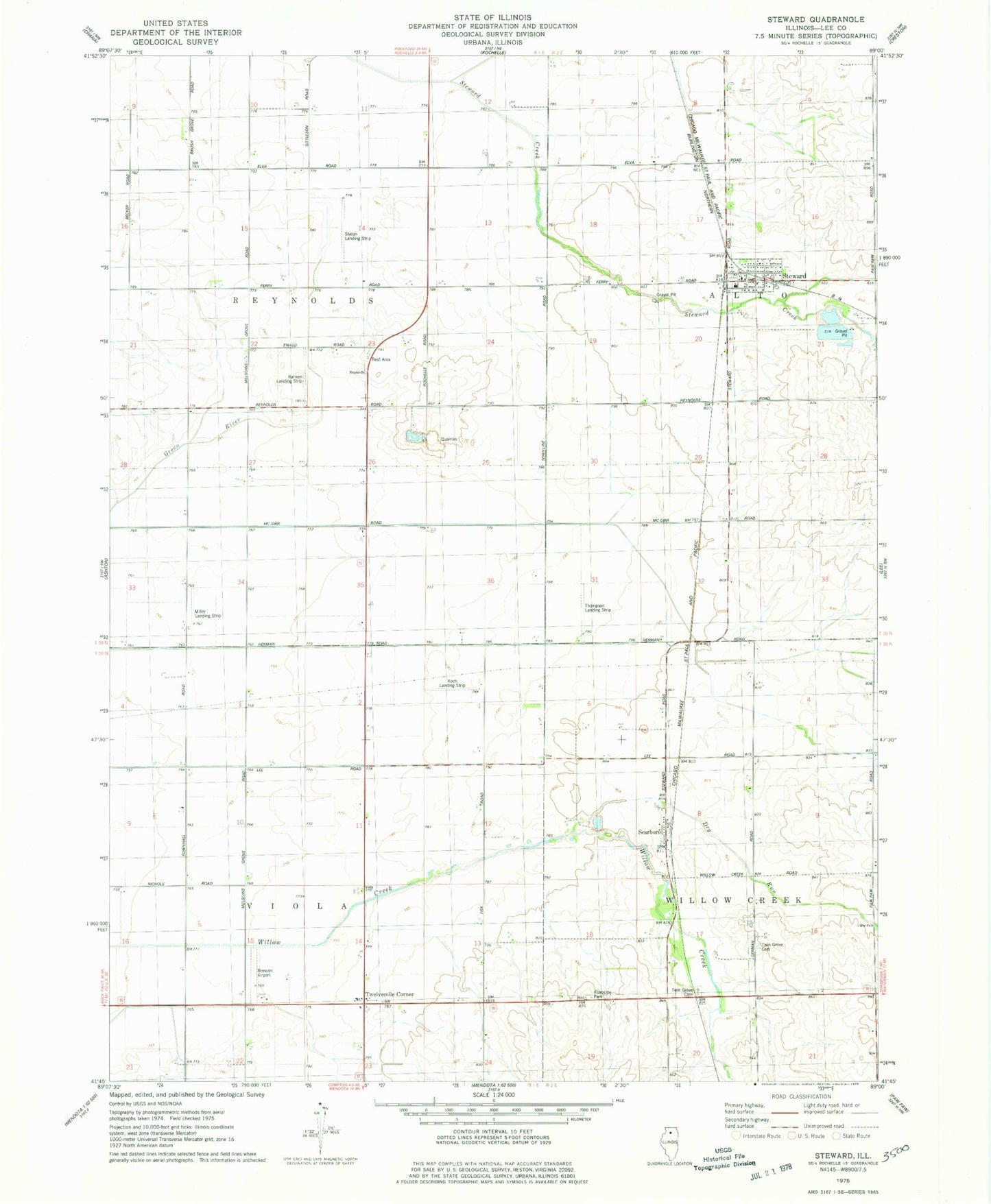 Classic USGS Steward Illinois 7.5'x7.5' Topo Map Image