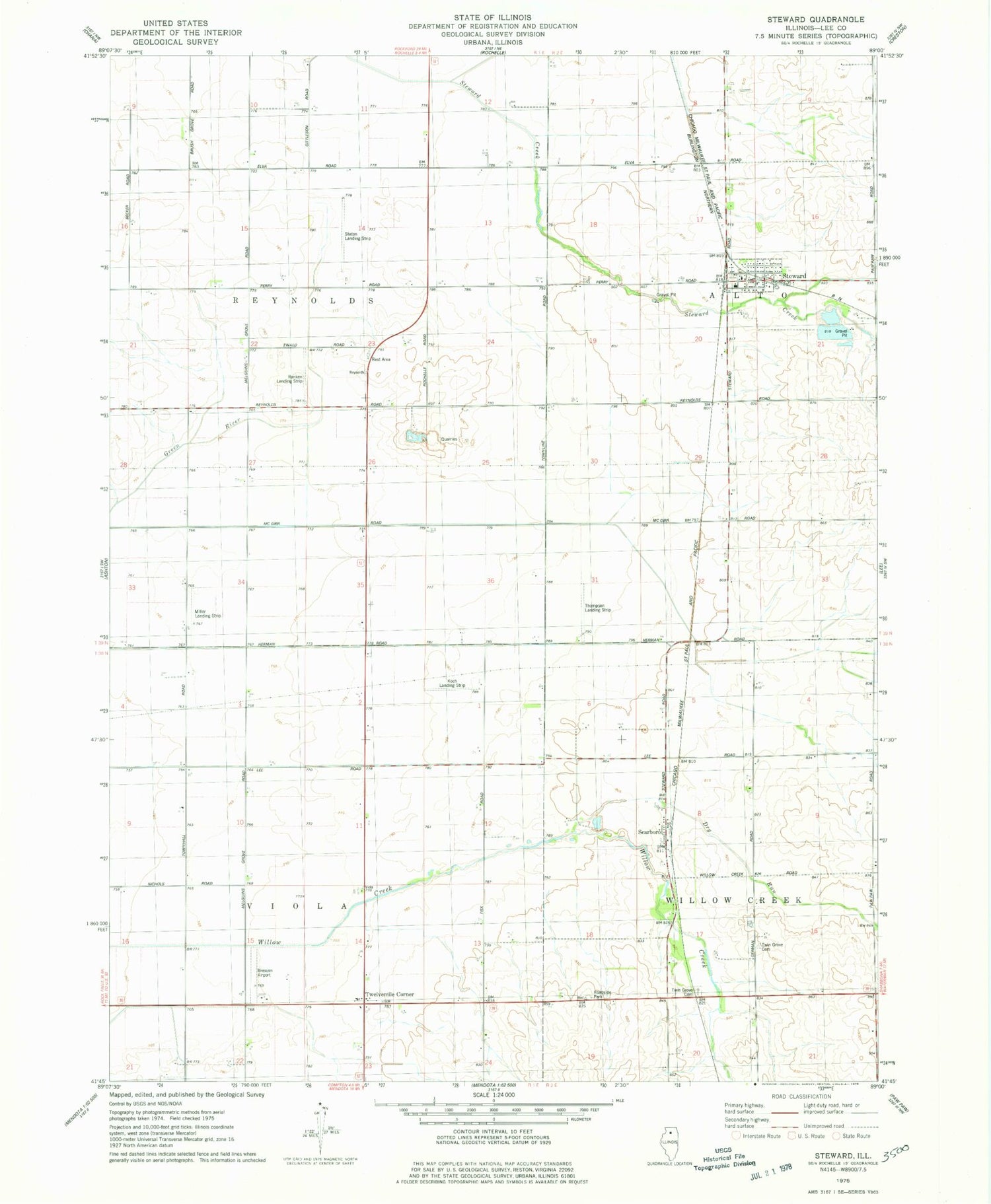 Classic USGS Steward Illinois 7.5'x7.5' Topo Map Image