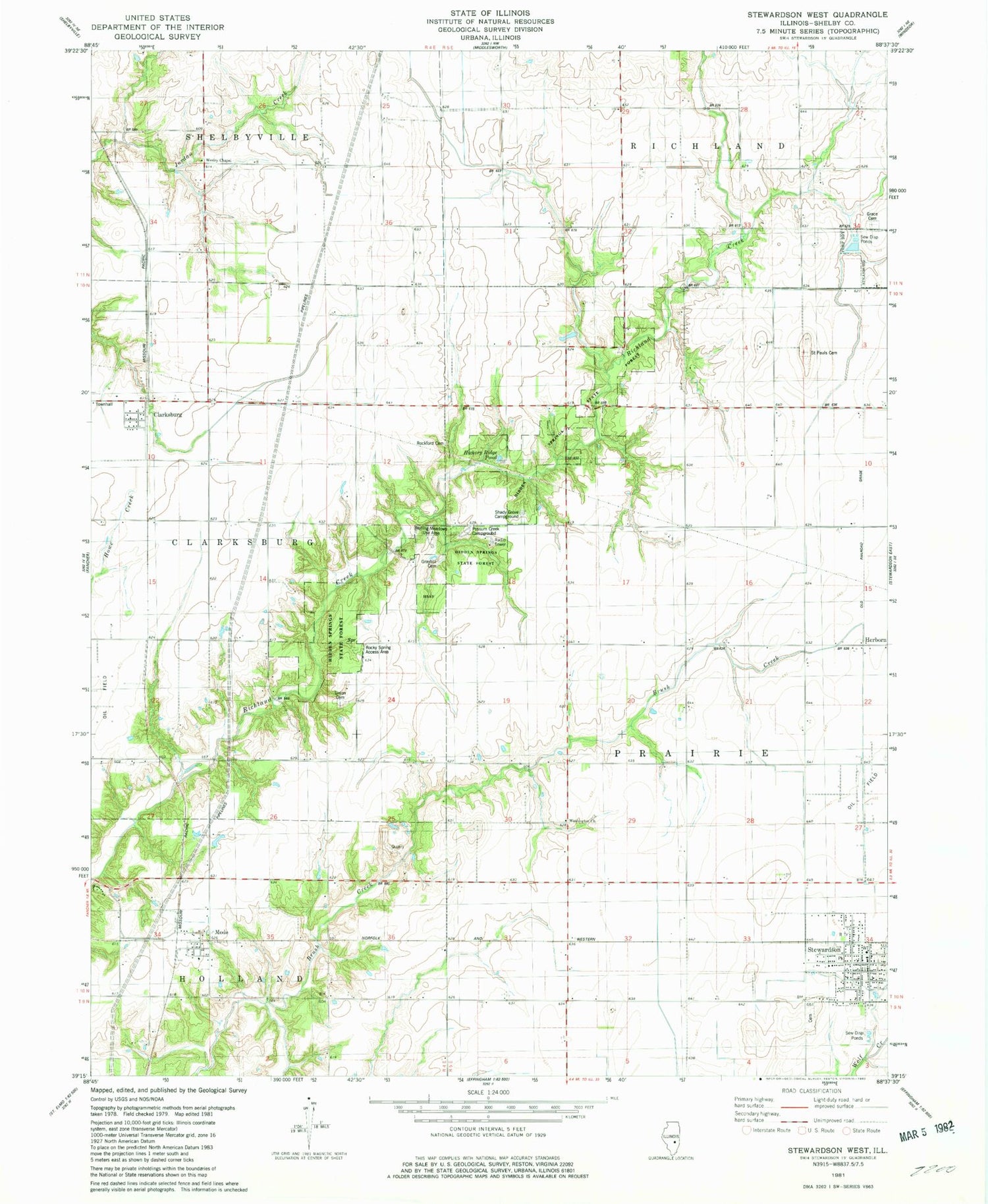 Classic USGS Stewardson West Illinois 7.5'x7.5' Topo Map Image