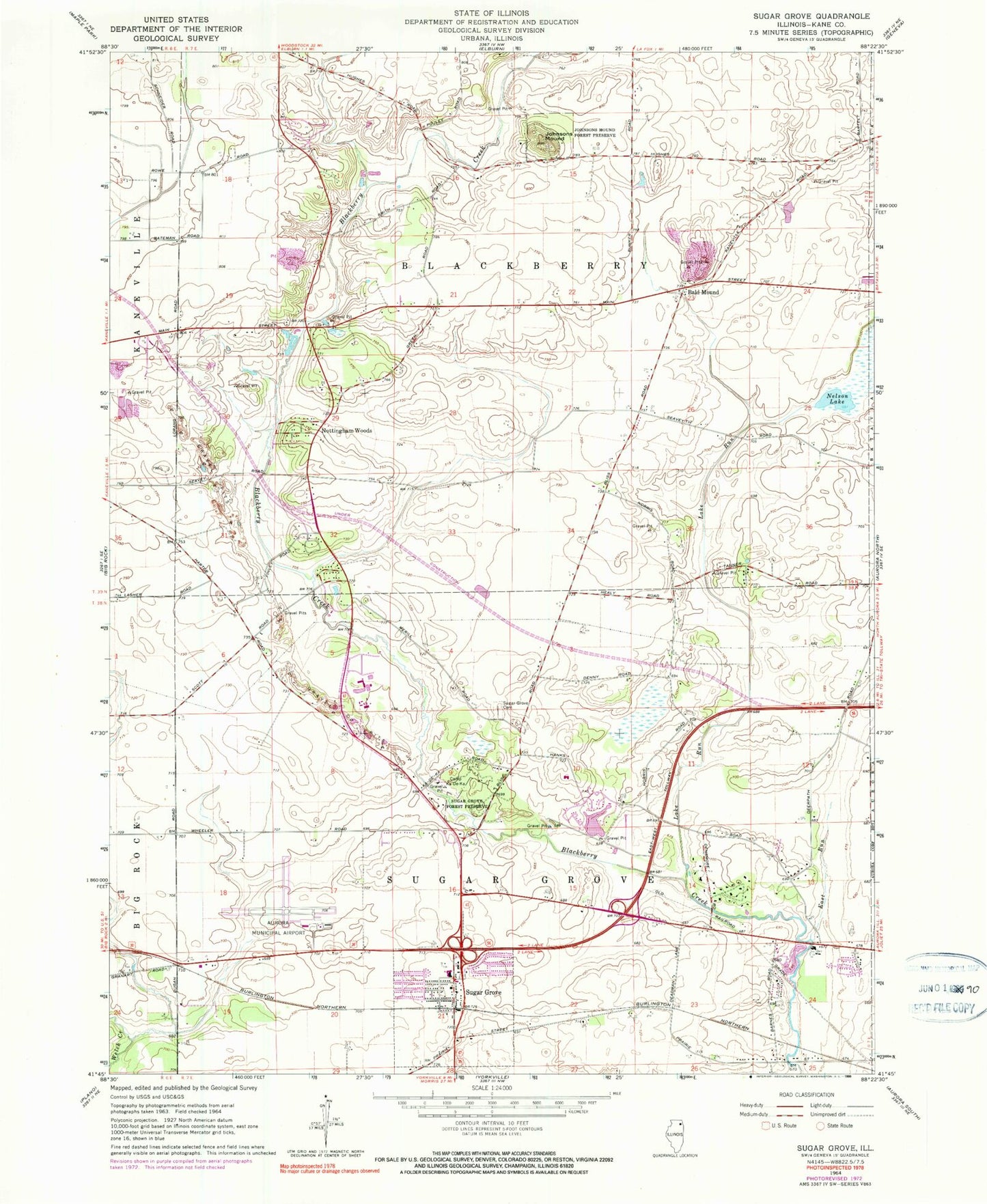 Classic USGS Sugar Grove Illinois 7.5'x7.5' Topo Map Image