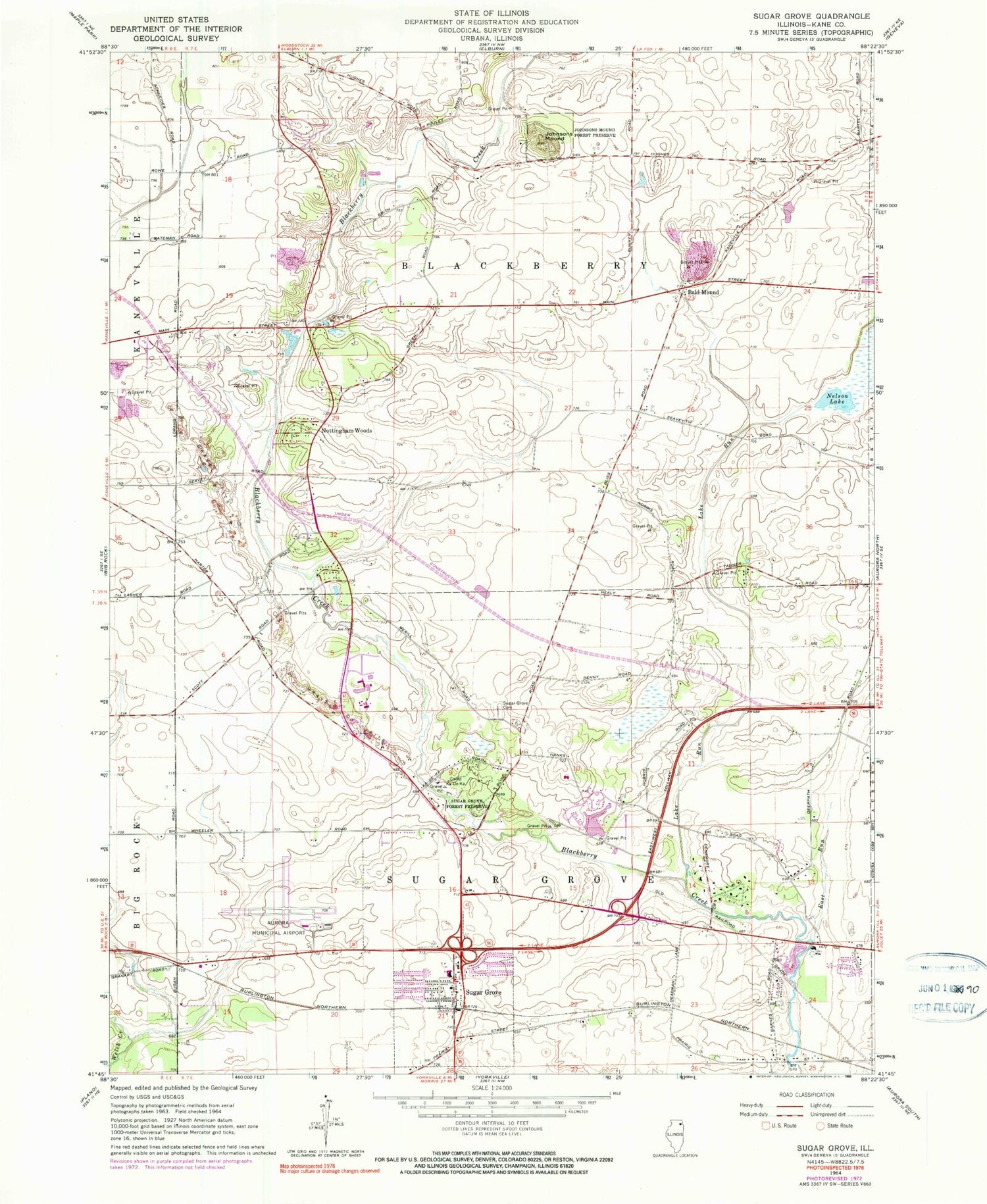 Classic USGS Sugar Grove Illinois 7.5'x7.5' Topo Map Image