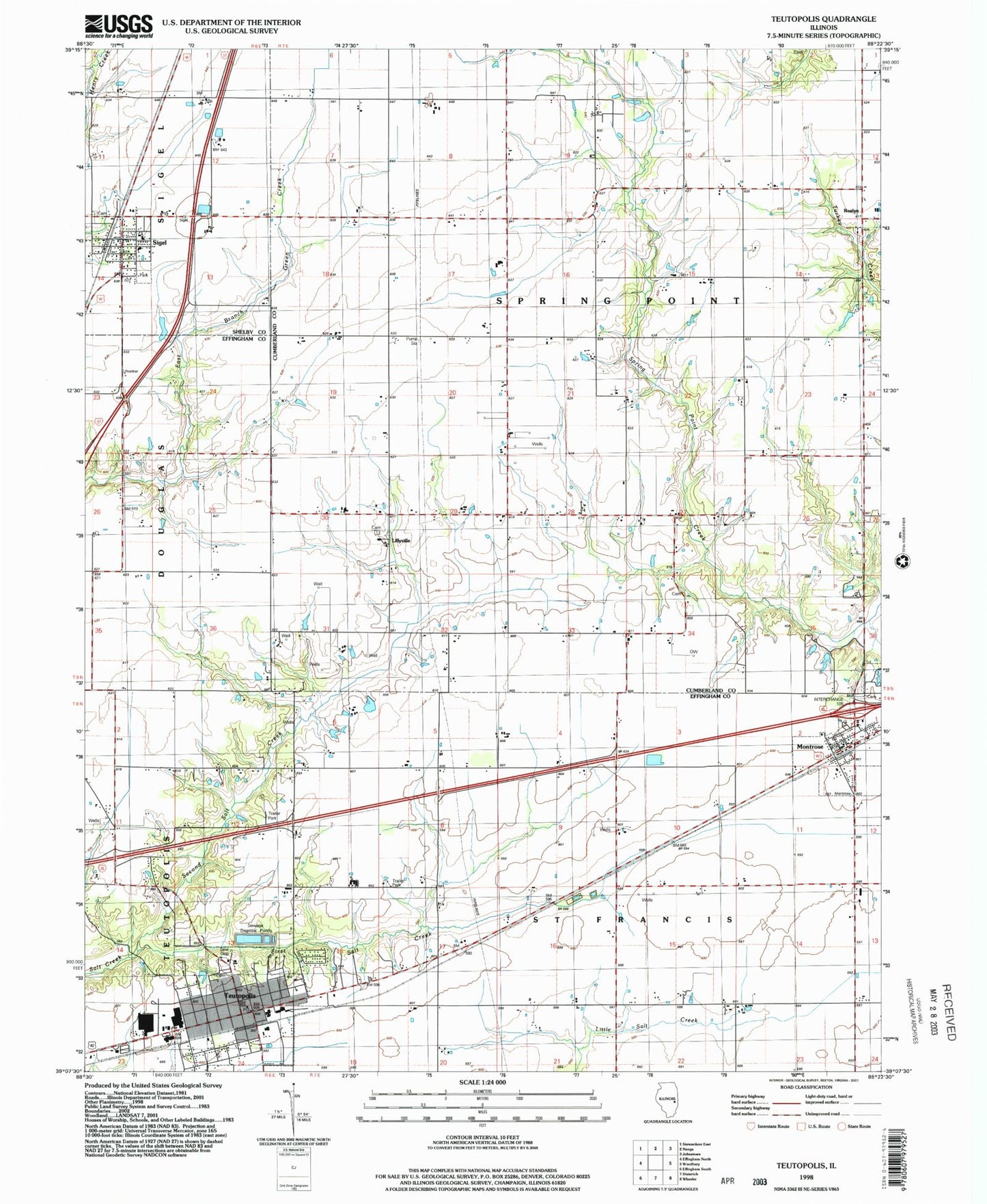 Classic USGS Teutopolis Illinois 7.5'x7.5' Topo Map Image