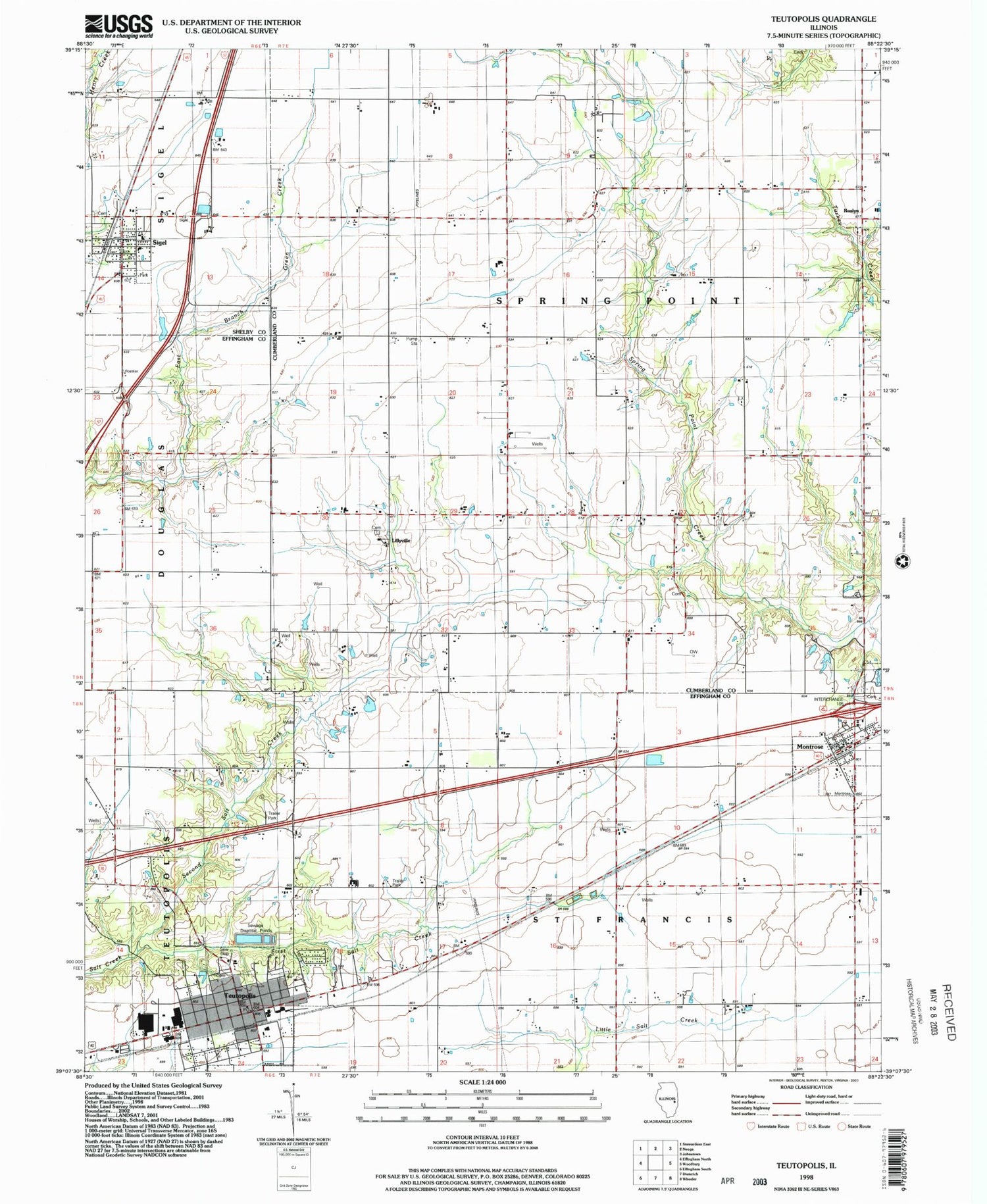 Classic USGS Teutopolis Illinois 7.5'x7.5' Topo Map Image