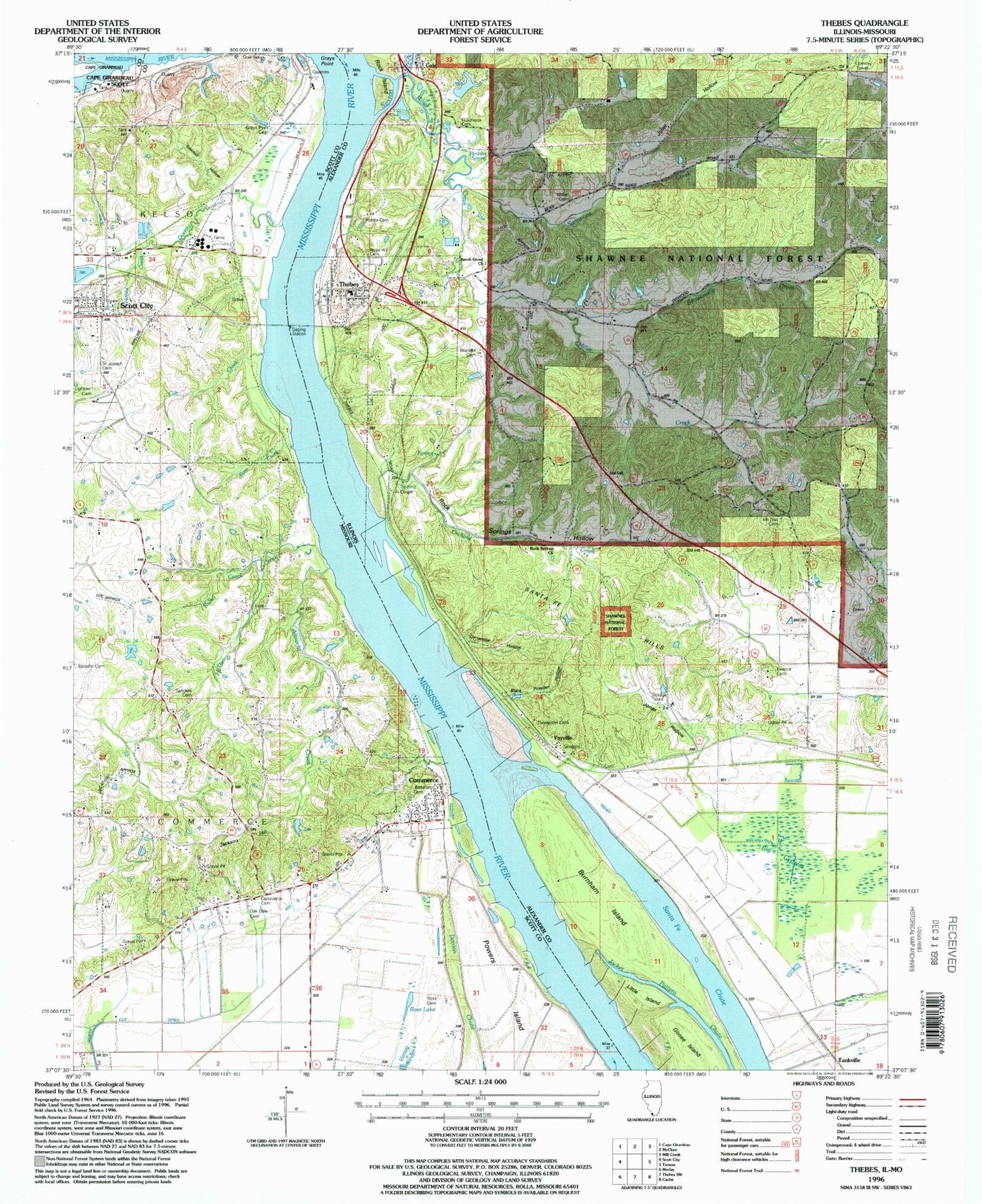 Classic USGS Thebes Illinois 7.5'x7.5' Topo Map Image