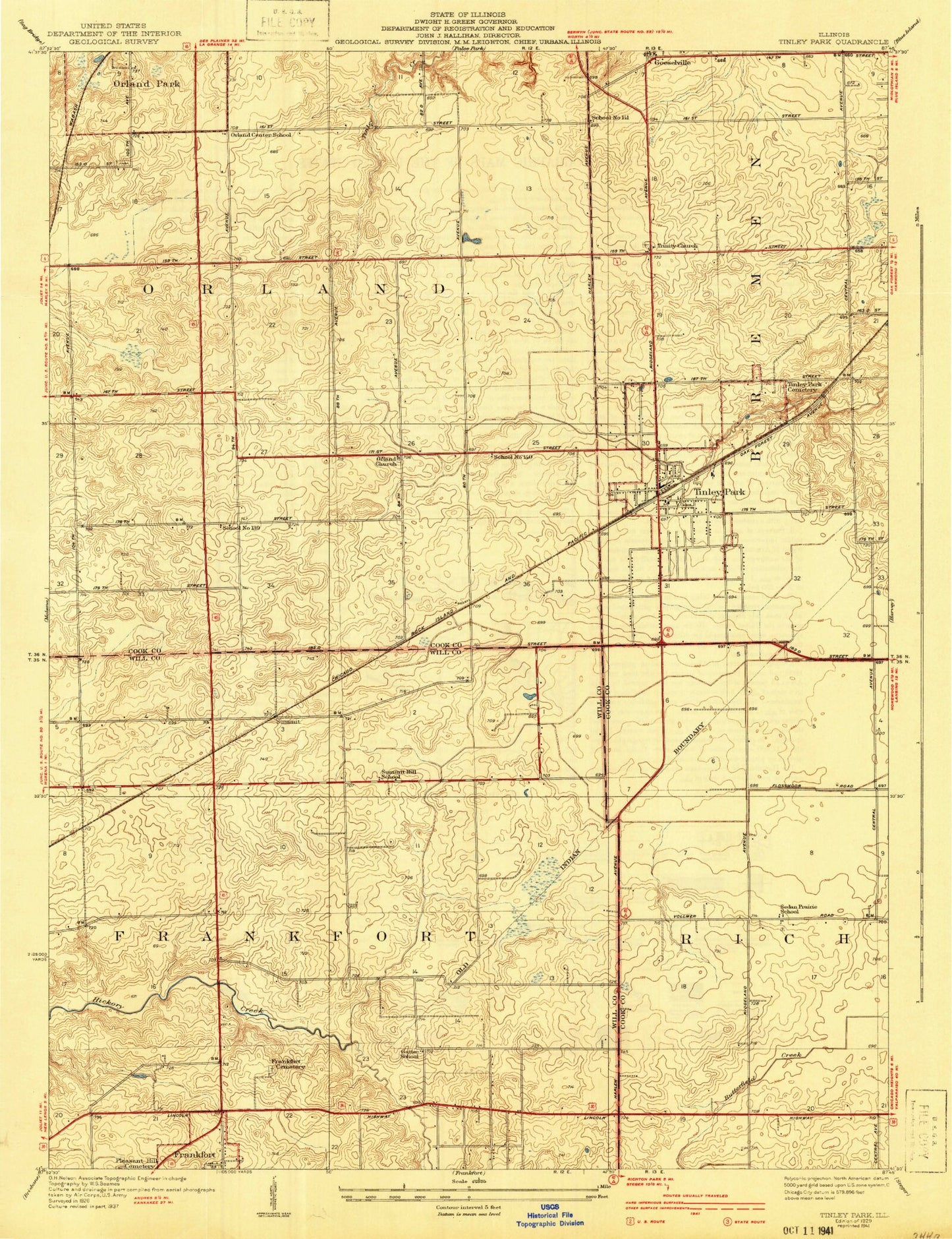 Classic USGS Tinley Park Illinois 7.5'x7.5' Topo Map Image