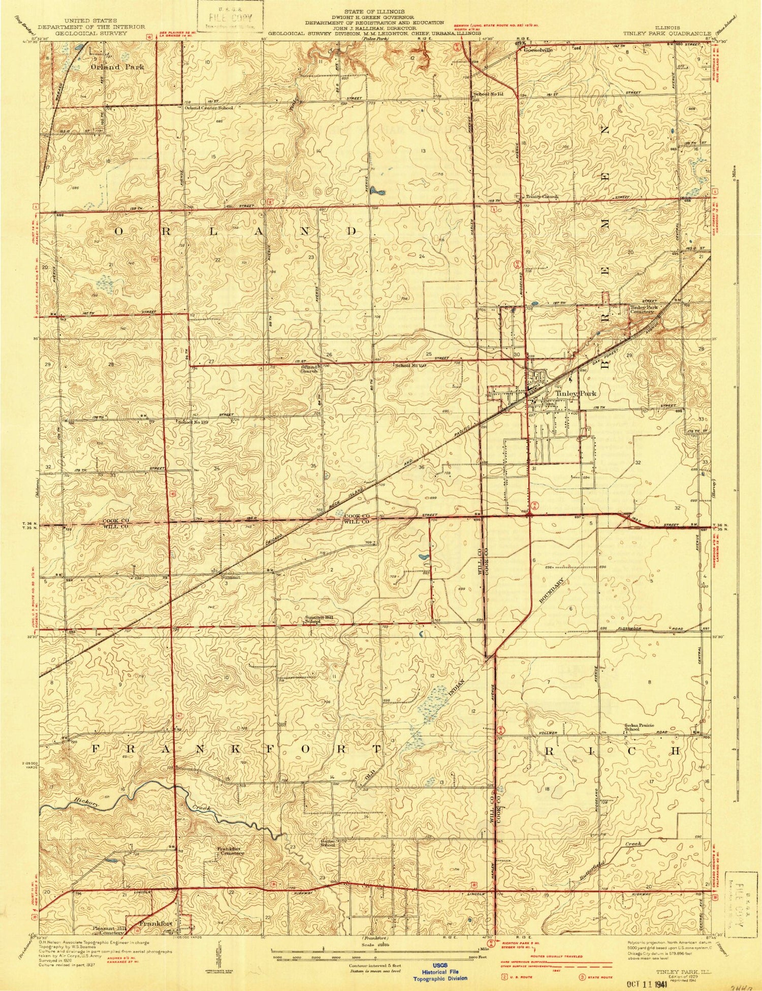 Classic USGS Tinley Park Illinois 7.5'x7.5' Topo Map Image