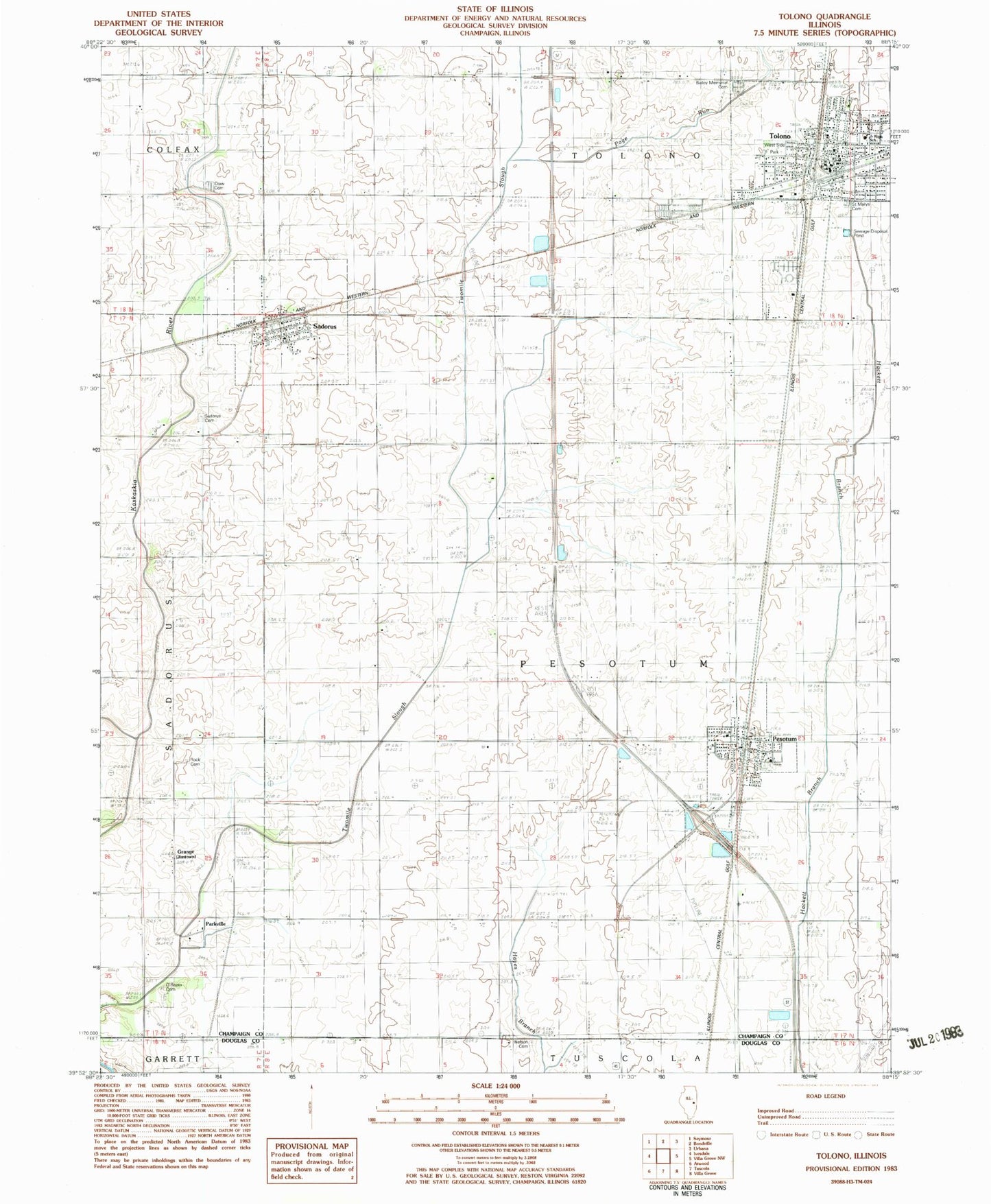 Classic USGS Tolono Illinois 7.5'x7.5' Topo Map Image