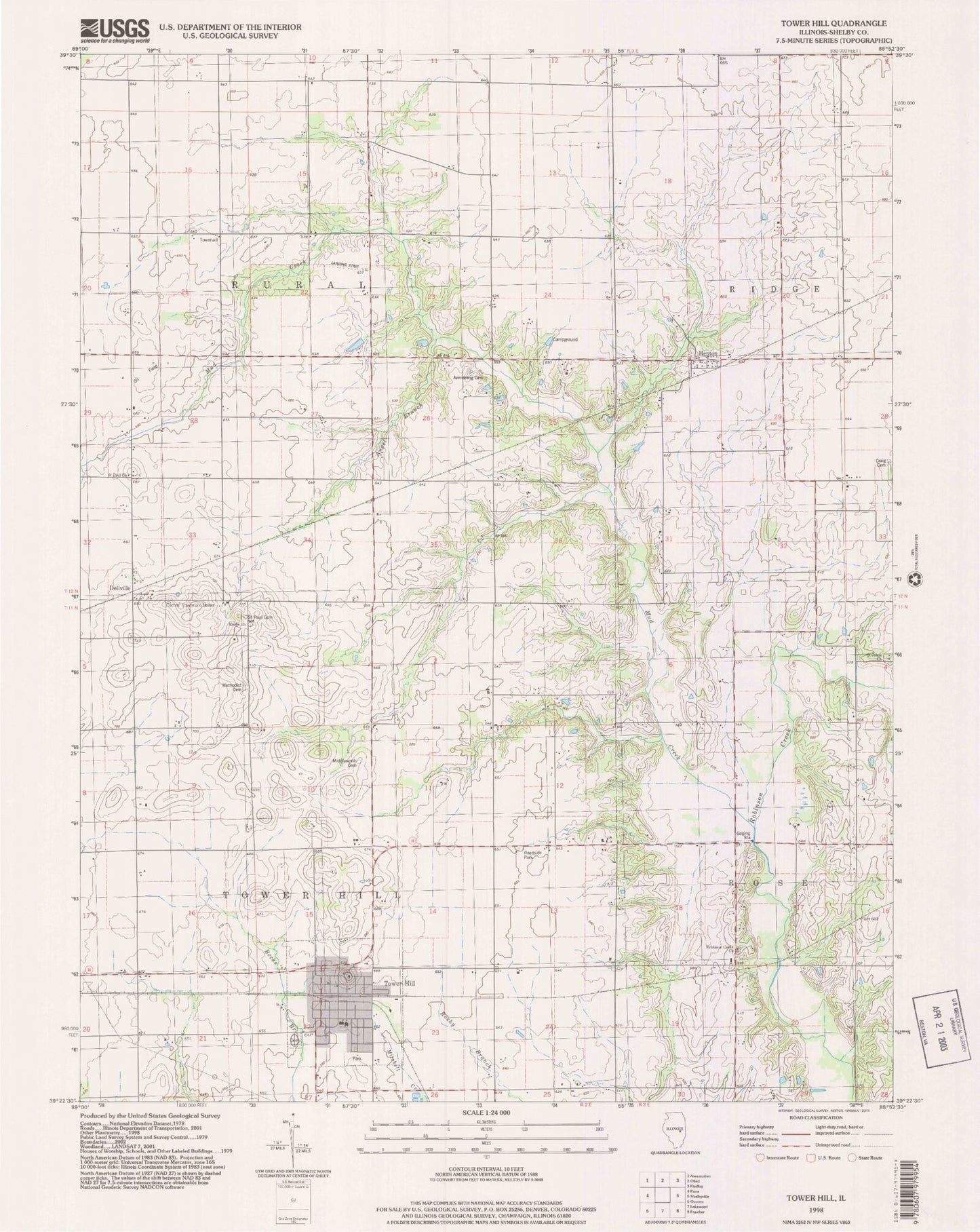 Classic USGS Tower Hill Illinois 7.5'x7.5' Topo Map Image
