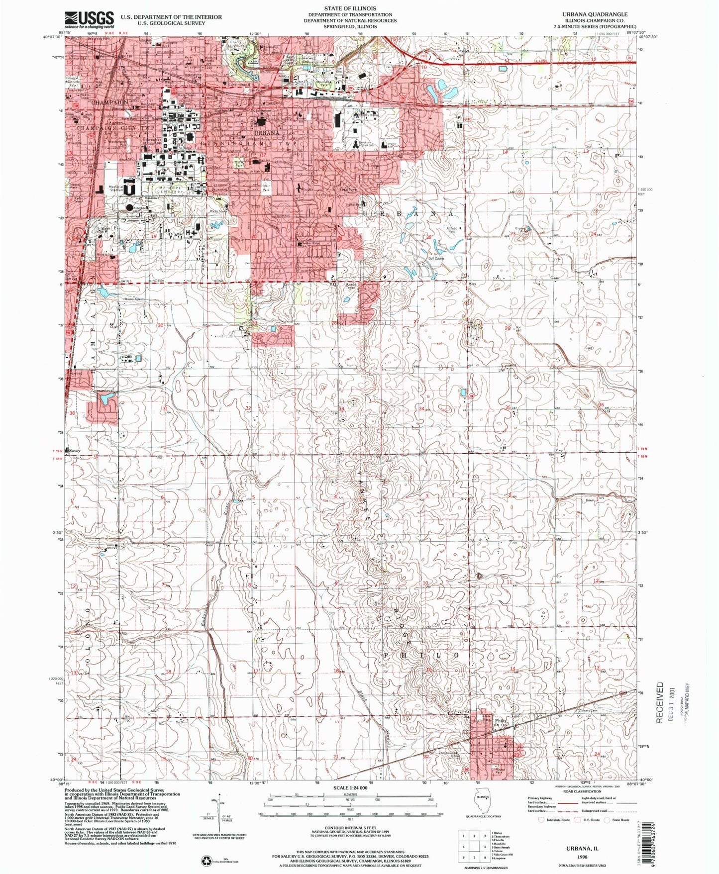 Classic USGS Urbana Illinois 7.5'x7.5' Topo Map Image