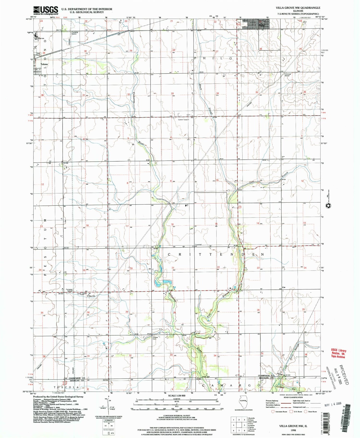 Classic USGS Villa Grove NW Illinois 7.5'x7.5' Topo Map Image