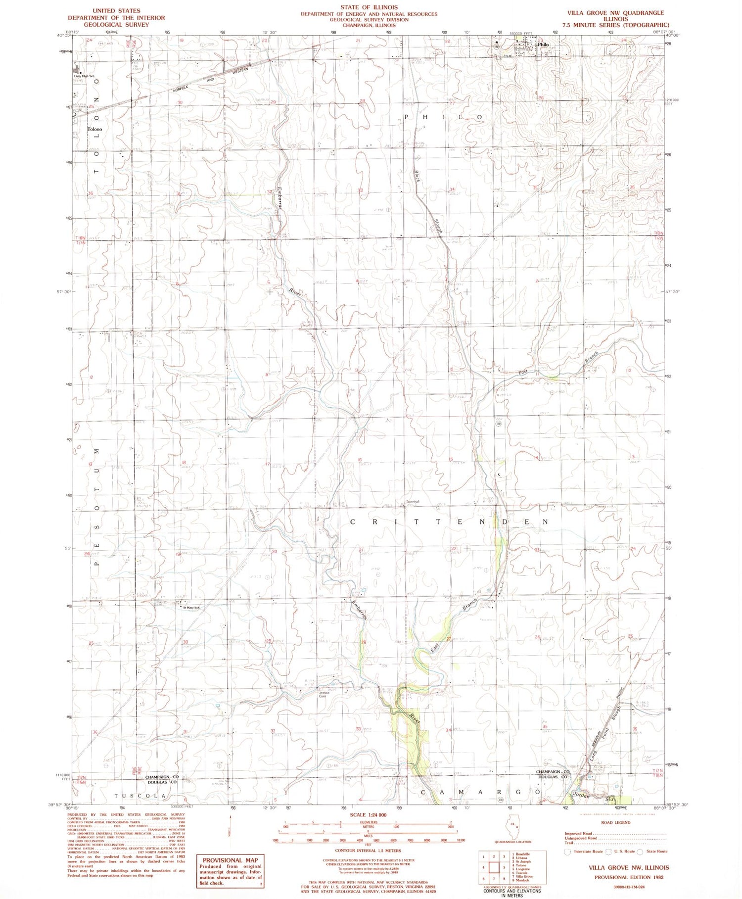 Classic USGS Villa Grove NW Illinois 7.5'x7.5' Topo Map Image