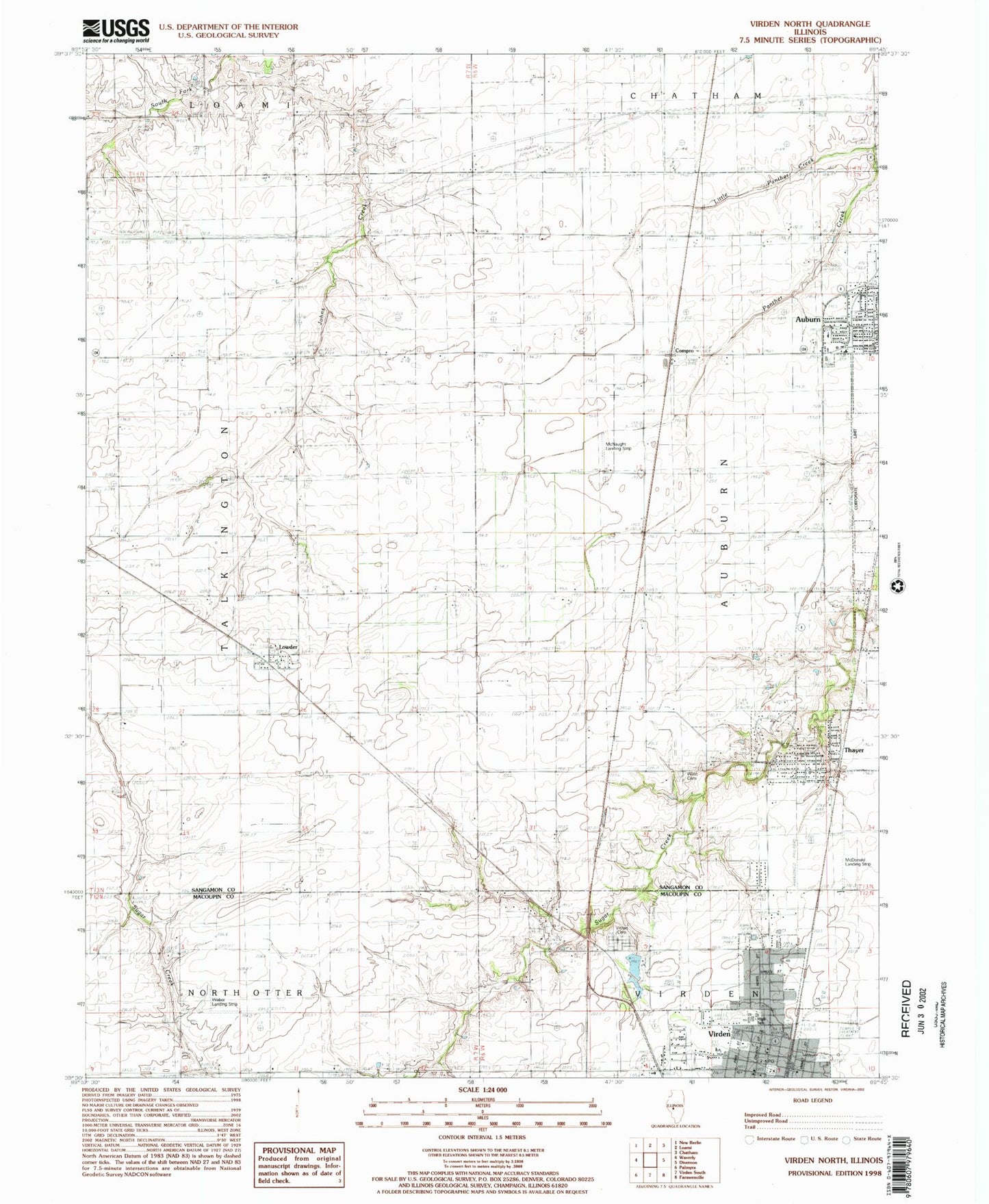 Classic USGS Virden North Illinois 7.5'x7.5' Topo Map Image