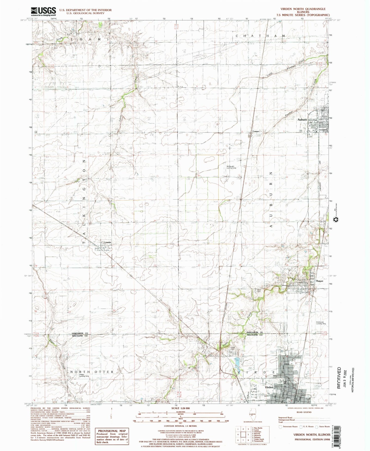 Classic USGS Virden North Illinois 7.5'x7.5' Topo Map Image