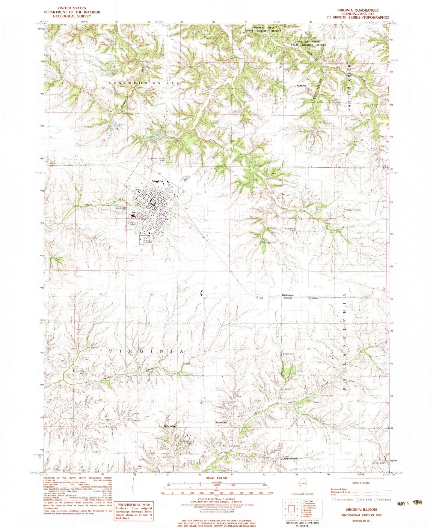 Classic USGS Virginia Illinois 7.5'x7.5' Topo Map Image