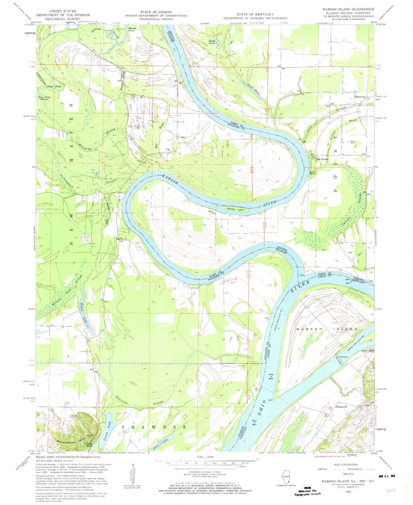 Classic USGS Wabash Island Kentucky 7.5'x7.5' Topo Map Image