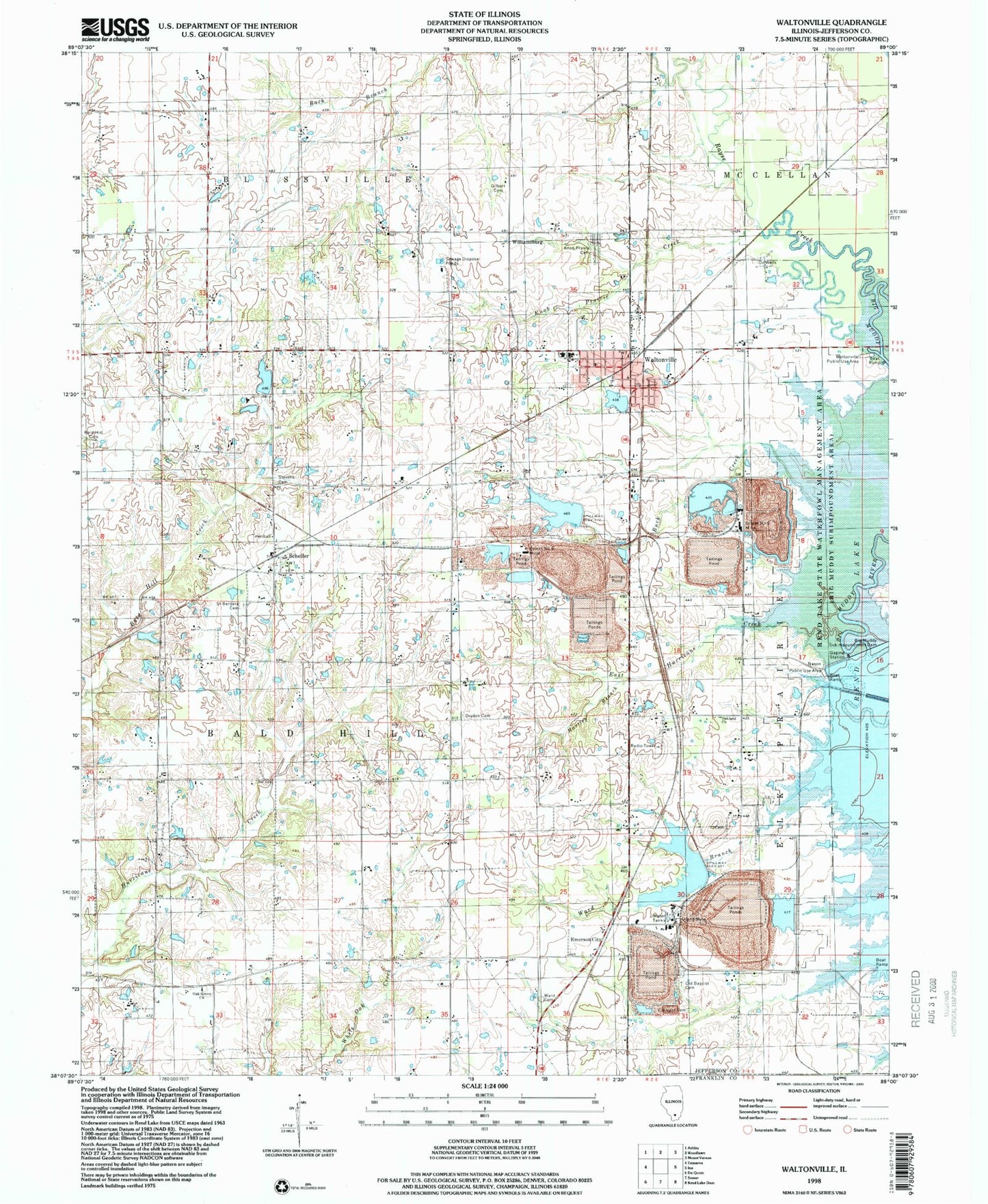 Classic USGS Waltonville Illinois 7.5'x7.5' Topo Map Image