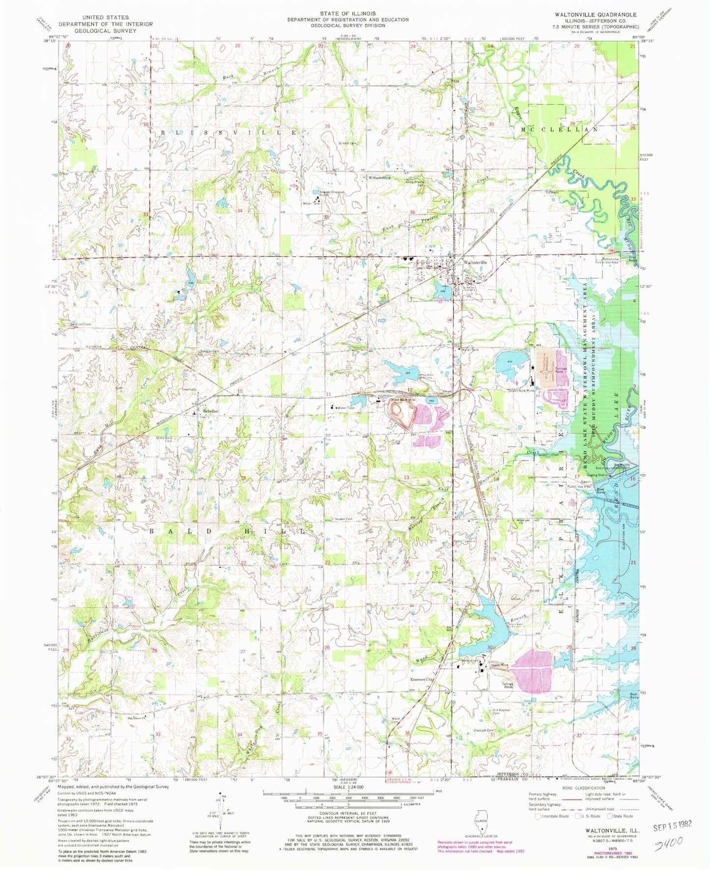 Classic USGS Waltonville Illinois 7.5'x7.5' Topo Map Image