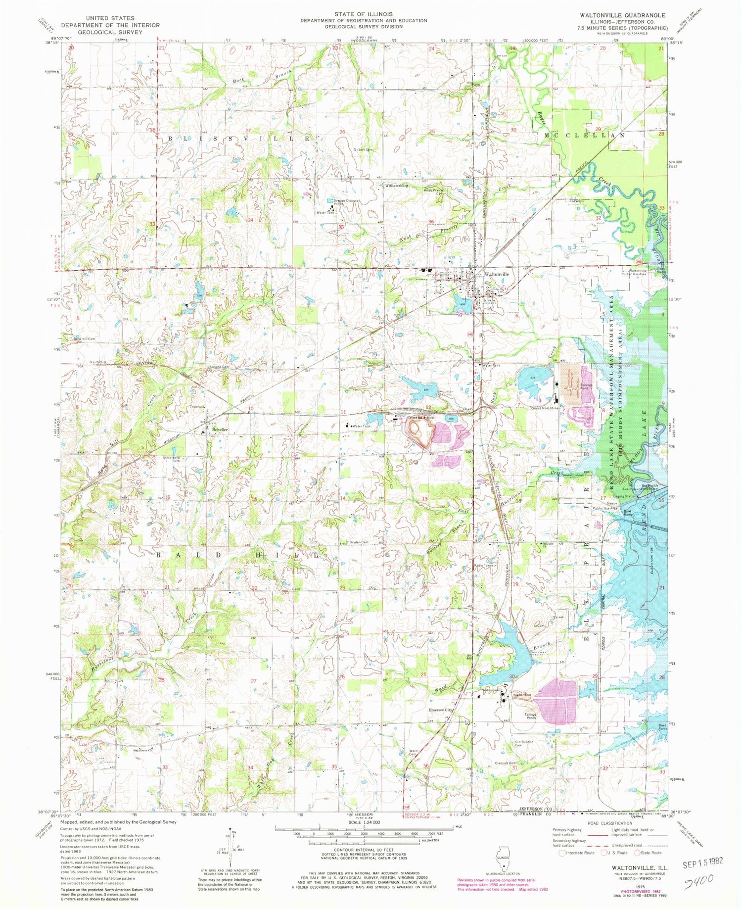 Classic USGS Waltonville Illinois 7.5'x7.5' Topo Map Image