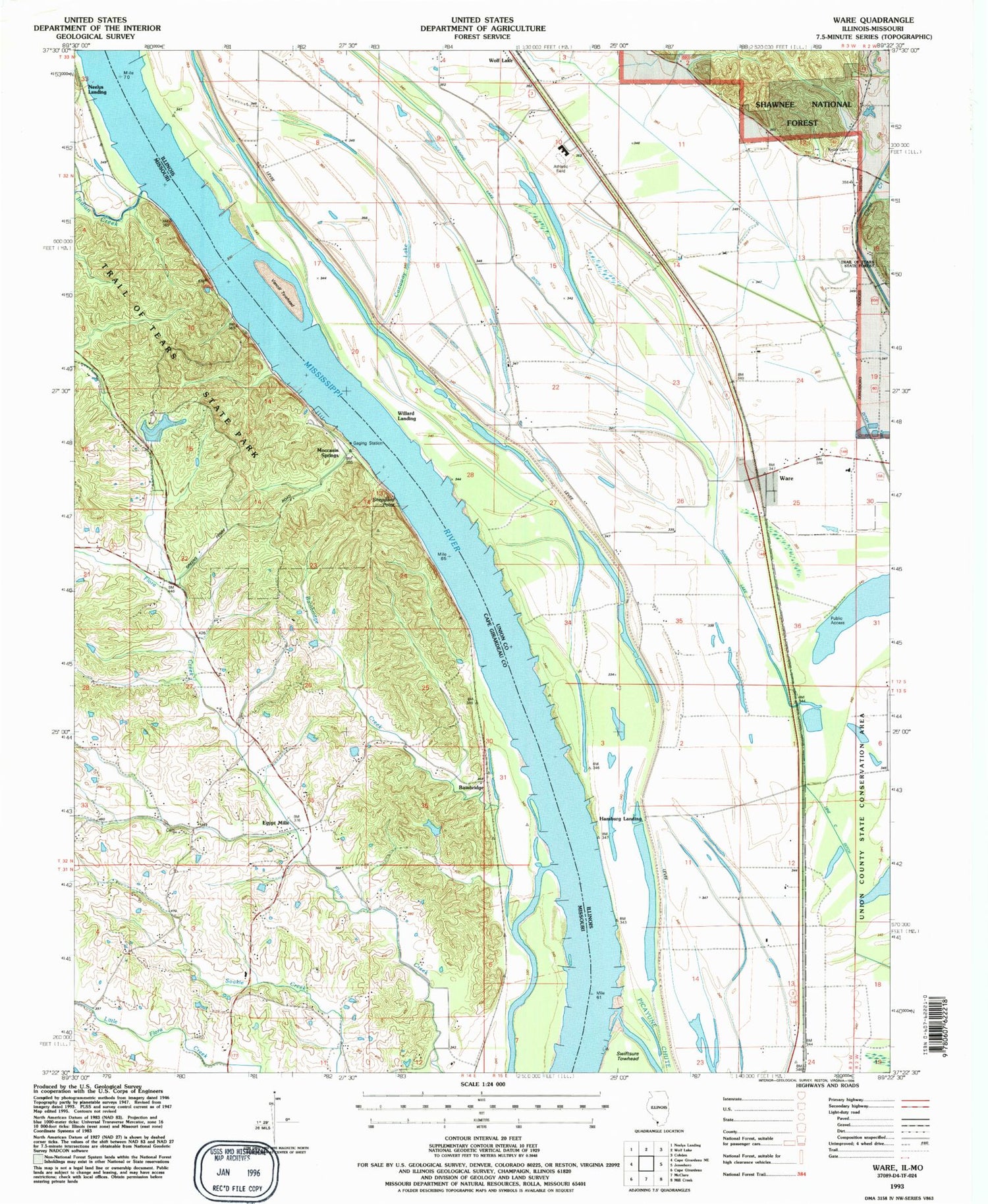 Classic USGS Ware Illinois 7.5'x7.5' Topo Map Image