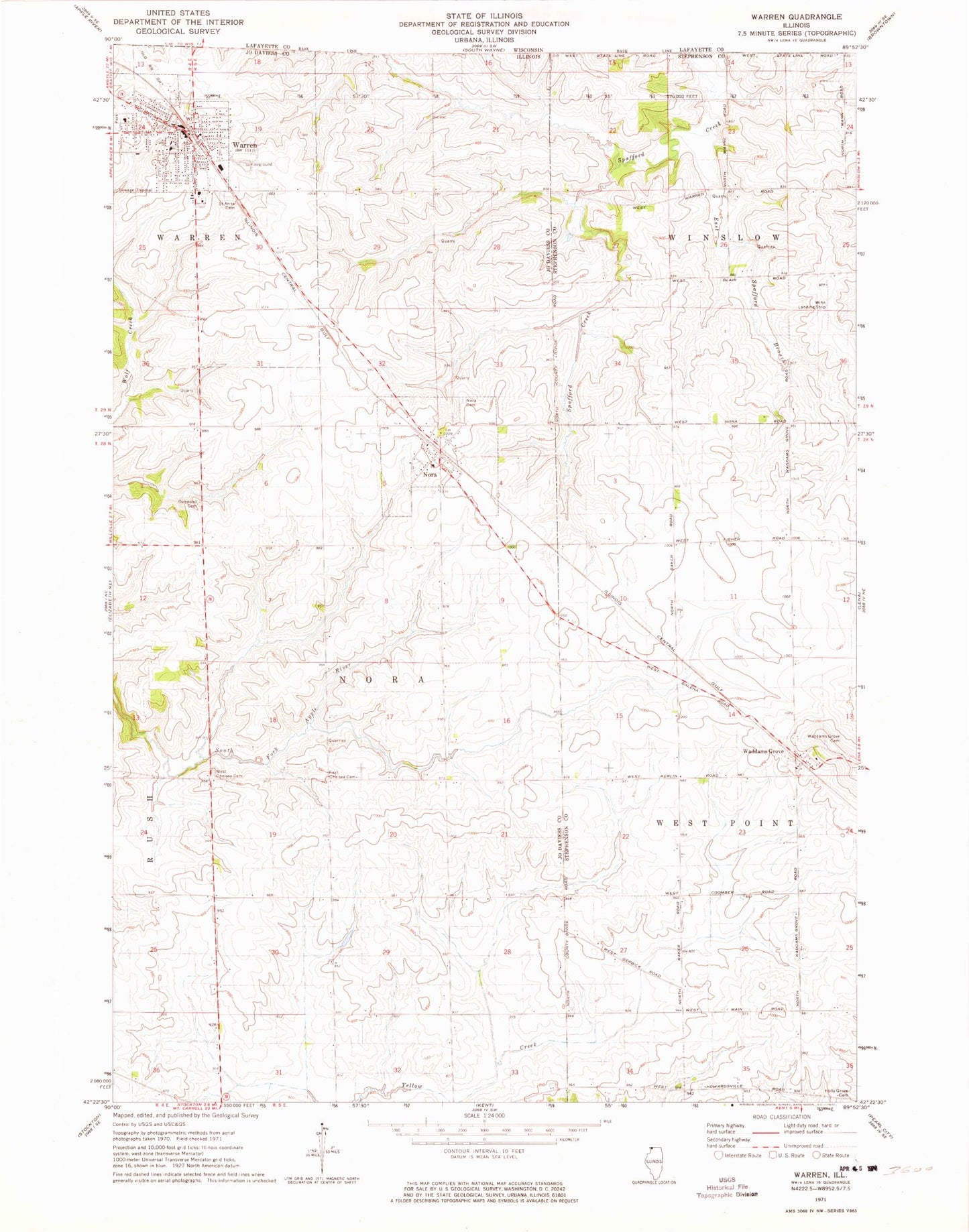 Classic USGS Warren Illinois 7.5'x7.5' Topo Map Image