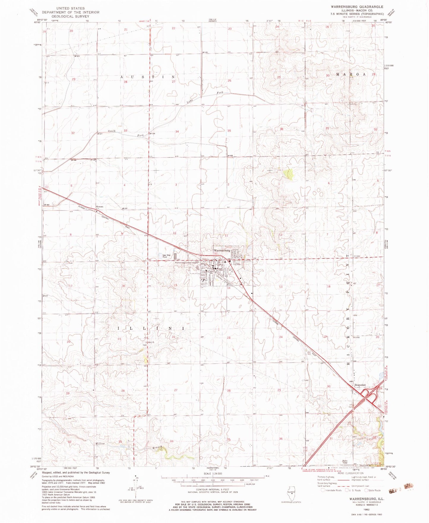 Classic USGS Warrensburg Illinois 7.5'x7.5' Topo Map Image