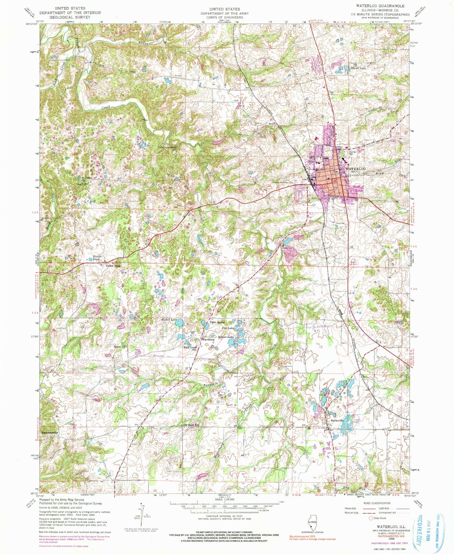 Classic USGS Waterloo Illinois 7.5'x7.5' Topo Map Image