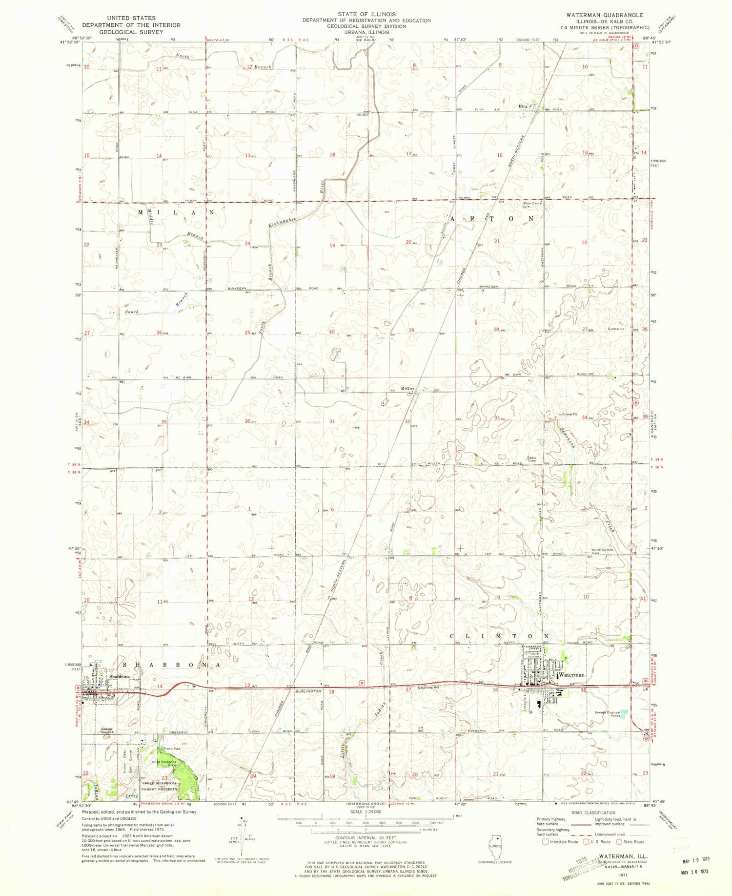 Classic USGS Waterman Illinois 7.5'x7.5' Topo Map Image