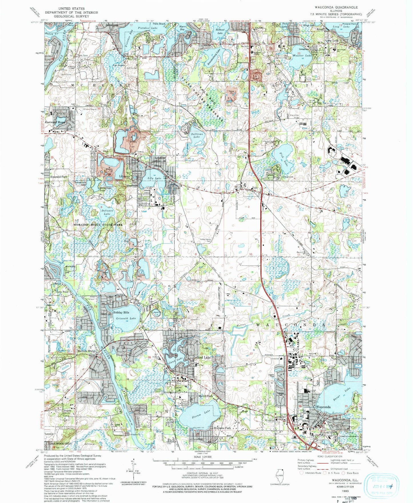 Classic USGS Wauconda Illinois 7.5'x7.5' Topo Map Image
