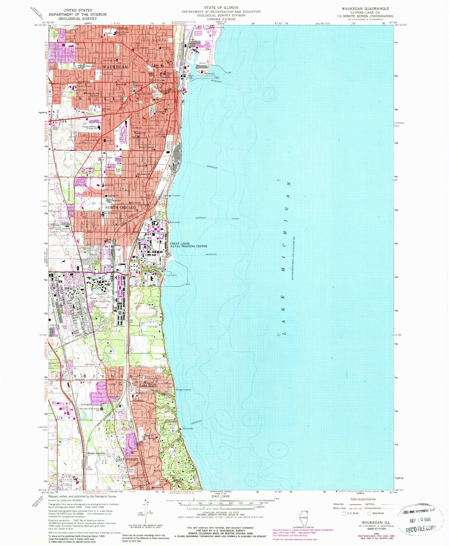 Classic USGS Waukegan Illinois 7.5'x7.5' Topo Map Image