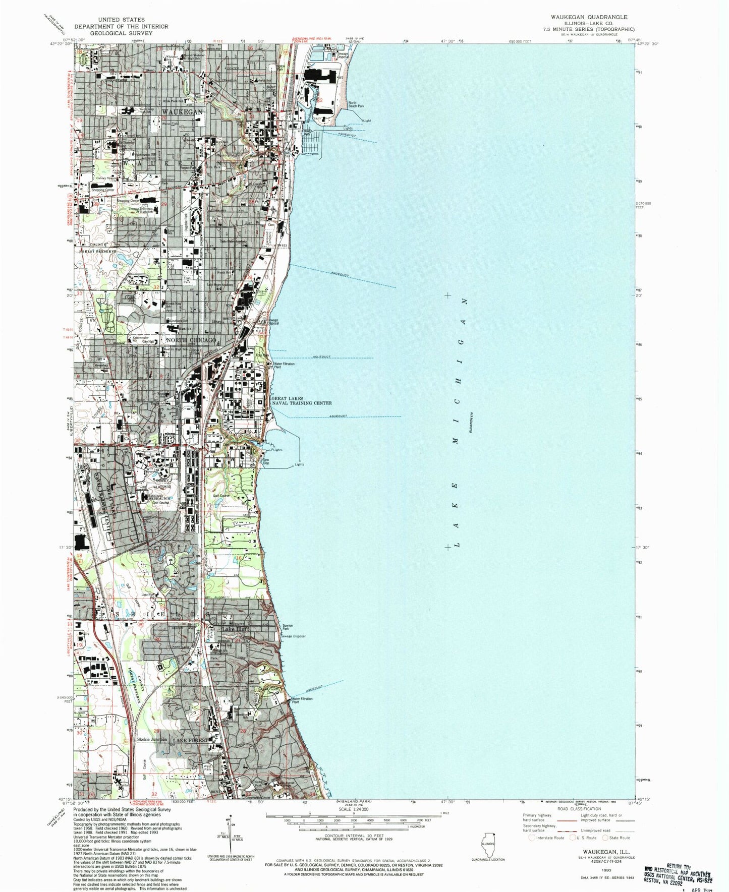Classic USGS Waukegan Illinois 7.5'x7.5' Topo Map Image