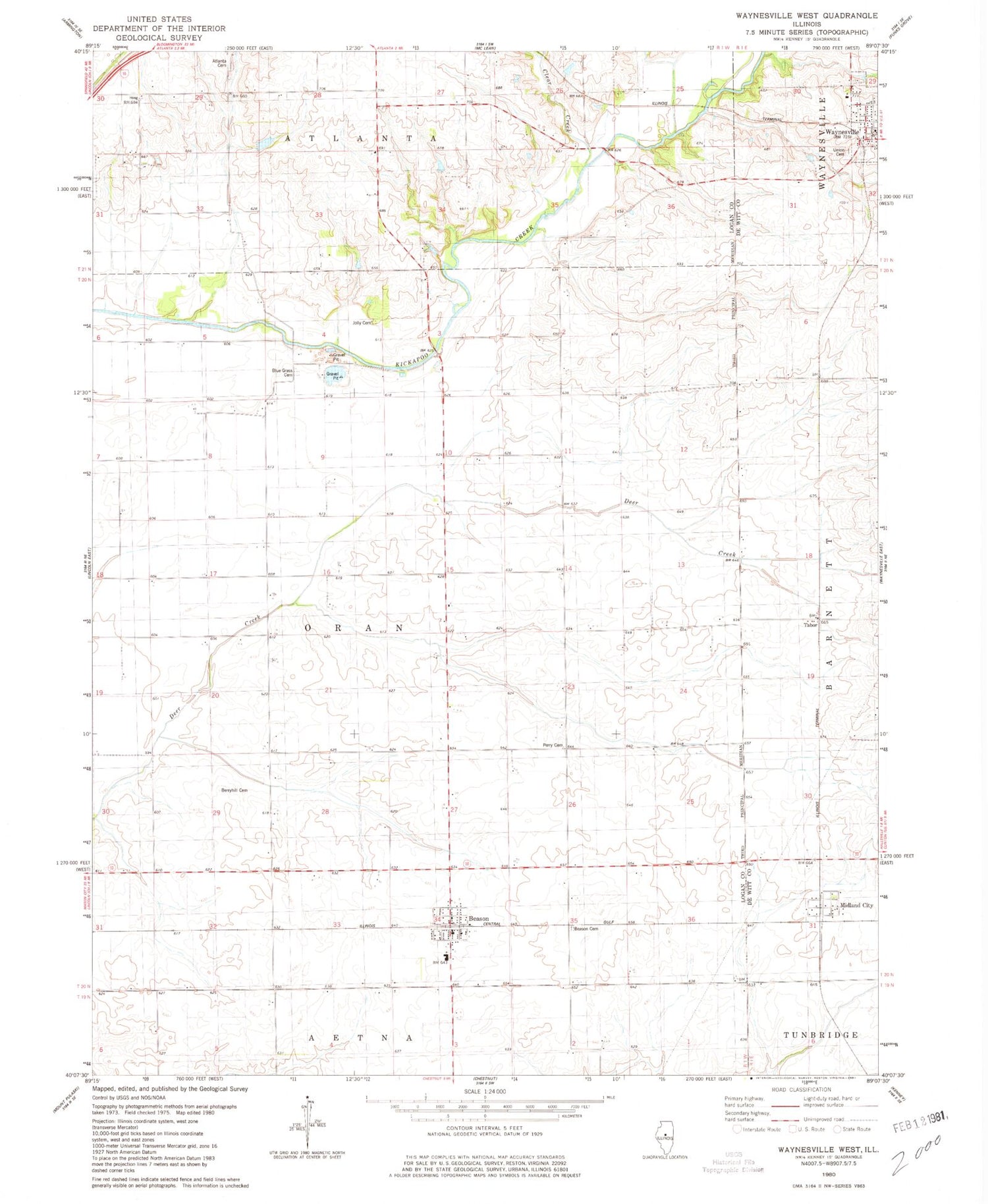 Classic USGS Waynesville West Illinois 7.5'x7.5' Topo Map Image
