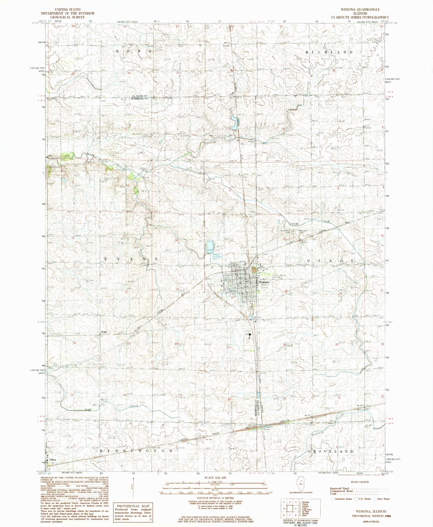 Classic USGS Wenona Illinois 7.5'x7.5' Topo Map Image