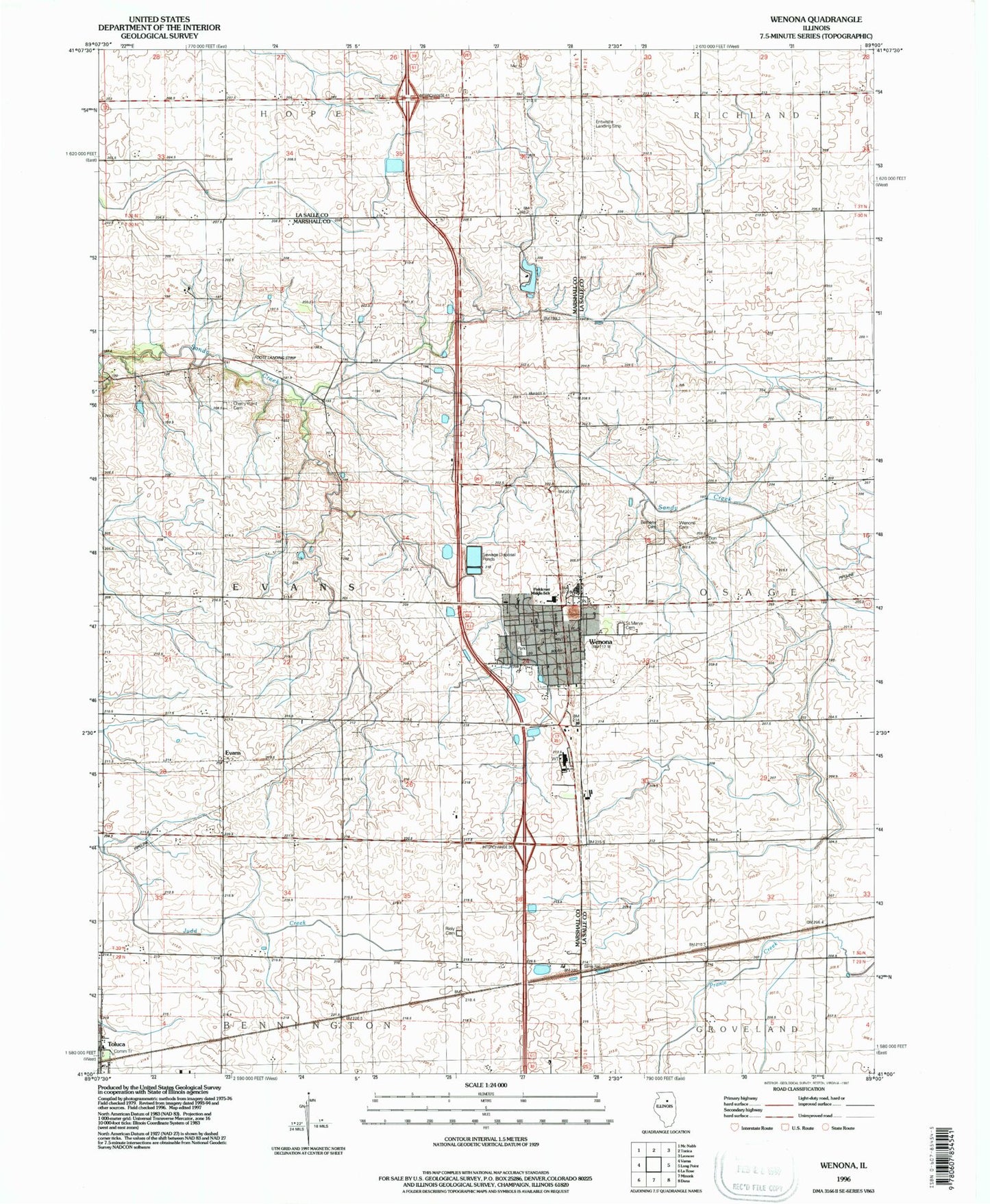 Classic USGS Wenona Illinois 7.5'x7.5' Topo Map Image
