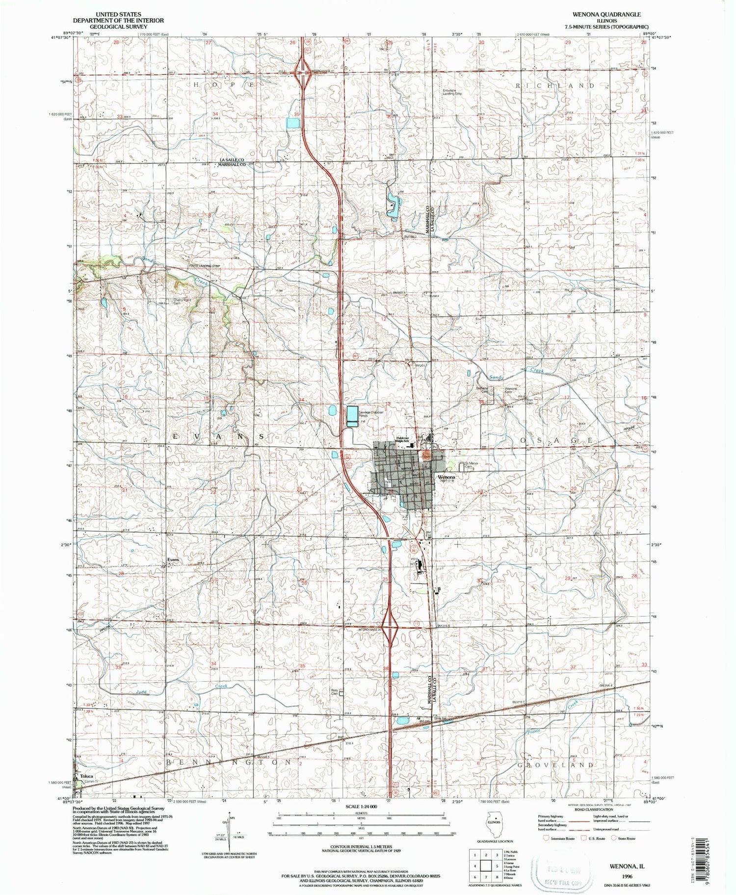 Classic USGS Wenona Illinois 7.5'x7.5' Topo Map Image