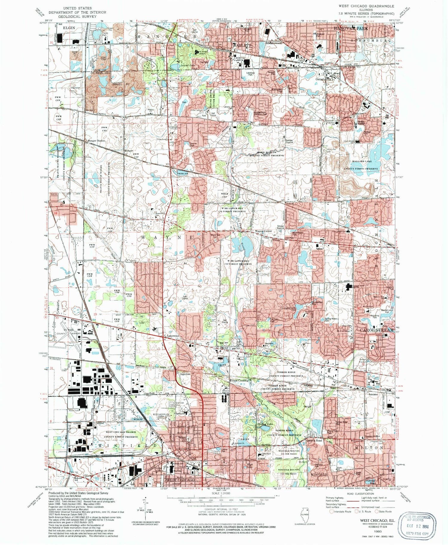 USGS Classic West Chicago Illinois 7.5'x7.5' Topo Map Image