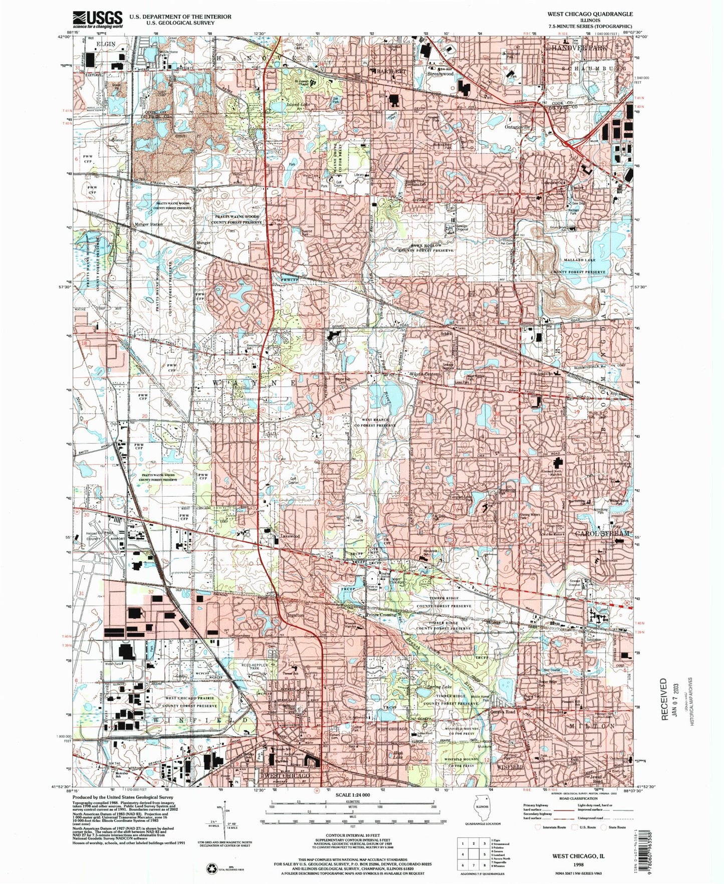 USGS Classic West Chicago Illinois 7.5'x7.5' Topo Map Image