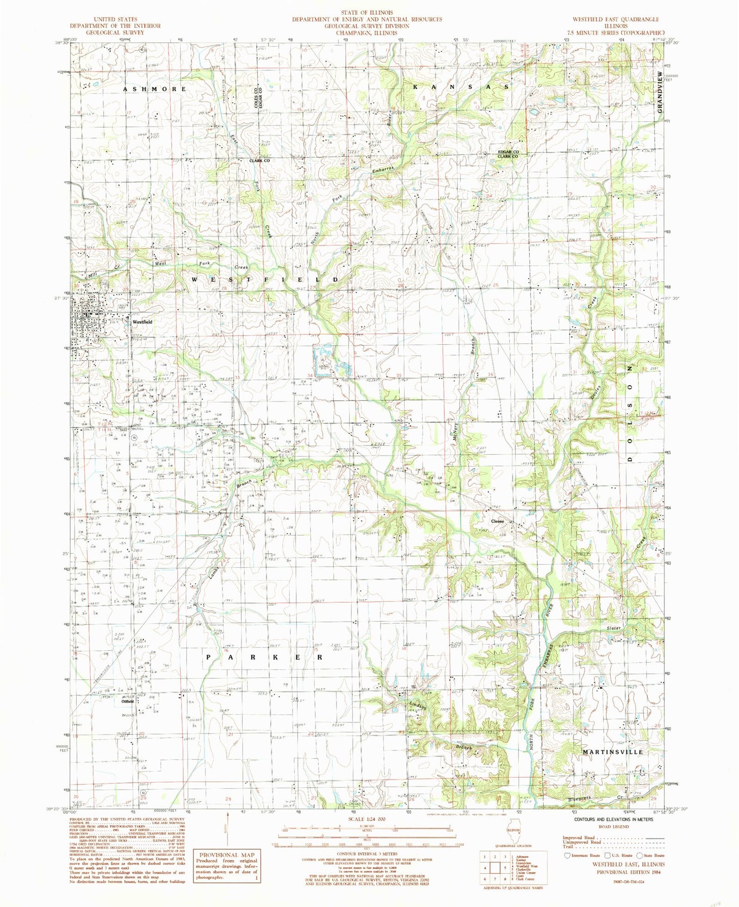 Classic USGS Westfield East Illinois 7.5'x7.5' Topo Map Image