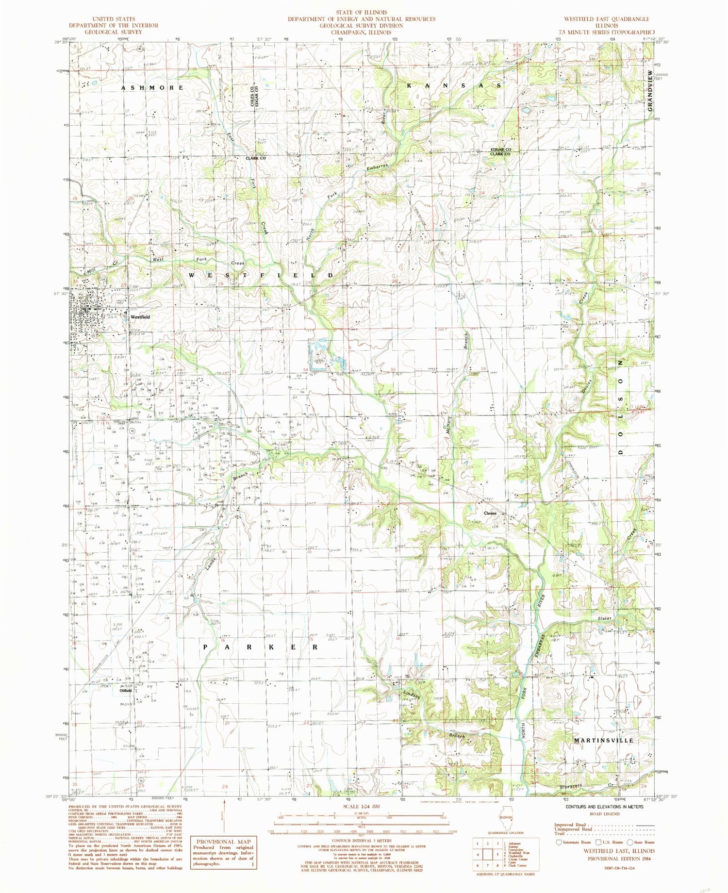 Classic USGS Westfield East Illinois 7.5'x7.5' Topo Map Image