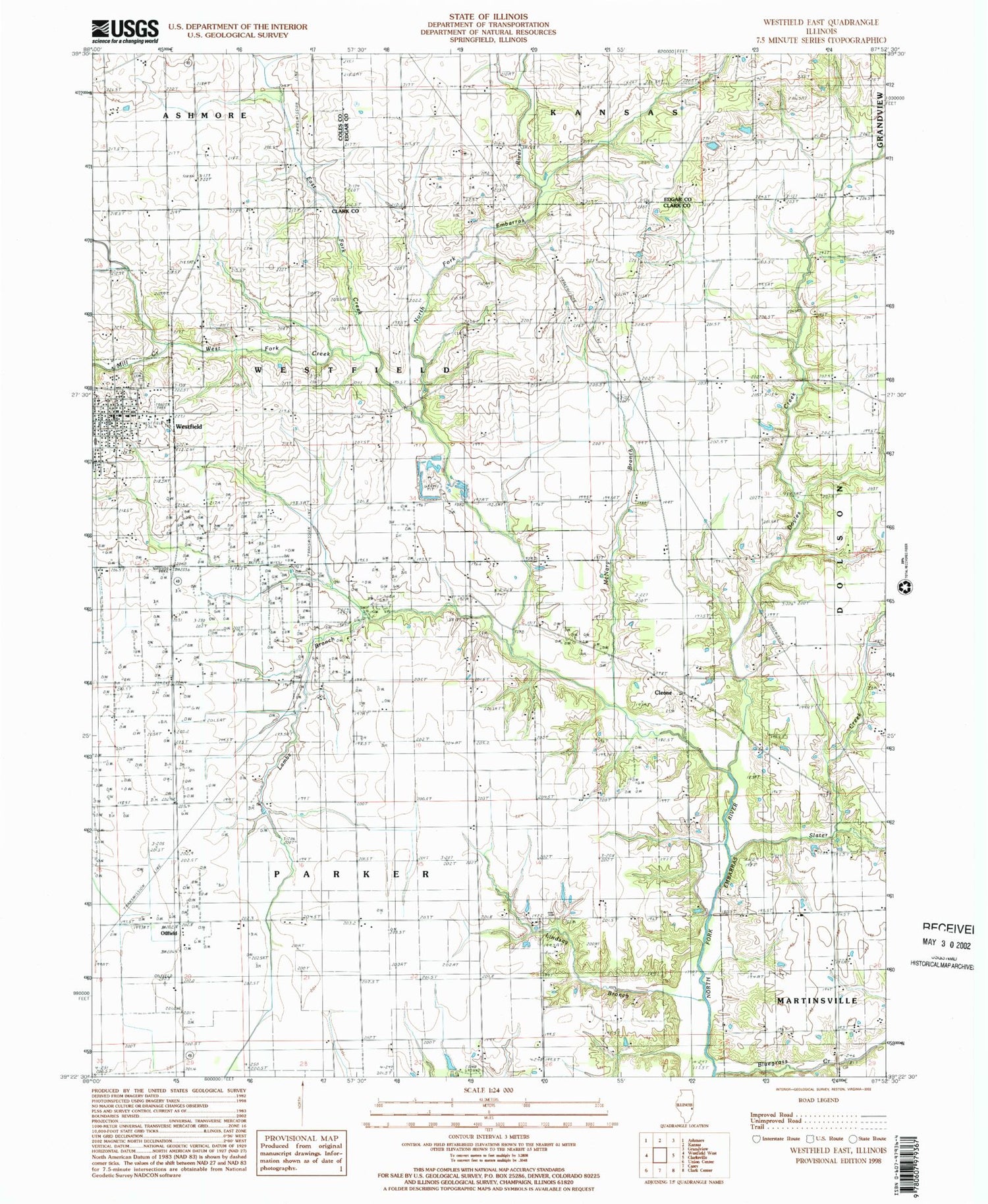 Classic USGS Westfield East Illinois 7.5'x7.5' Topo Map Image