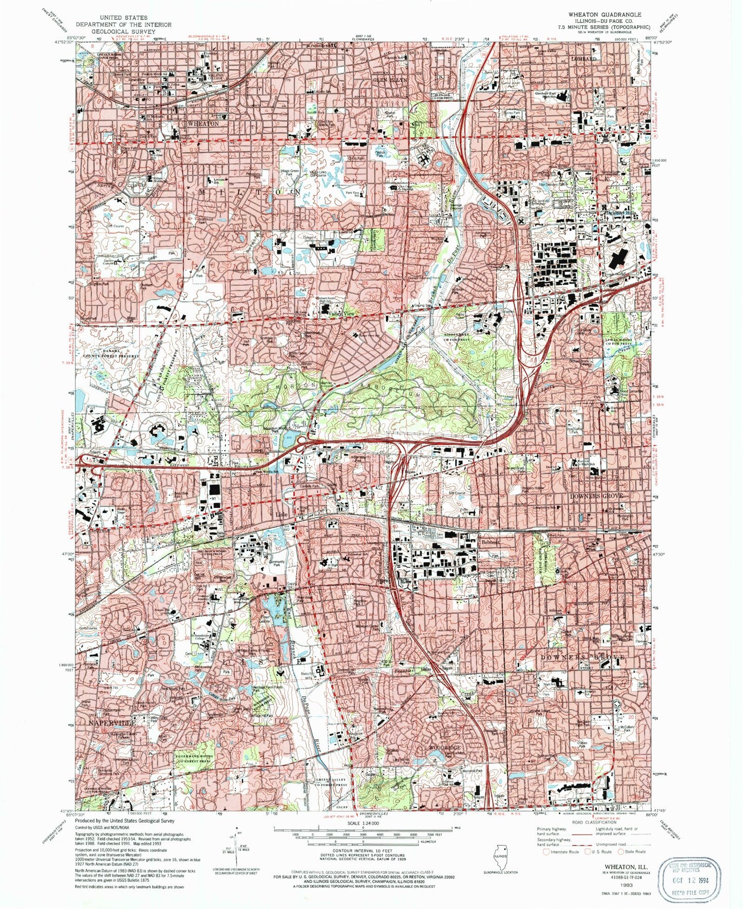 Classic USGS Wheaton Illinois 7.5'x7.5' Topo Map Image