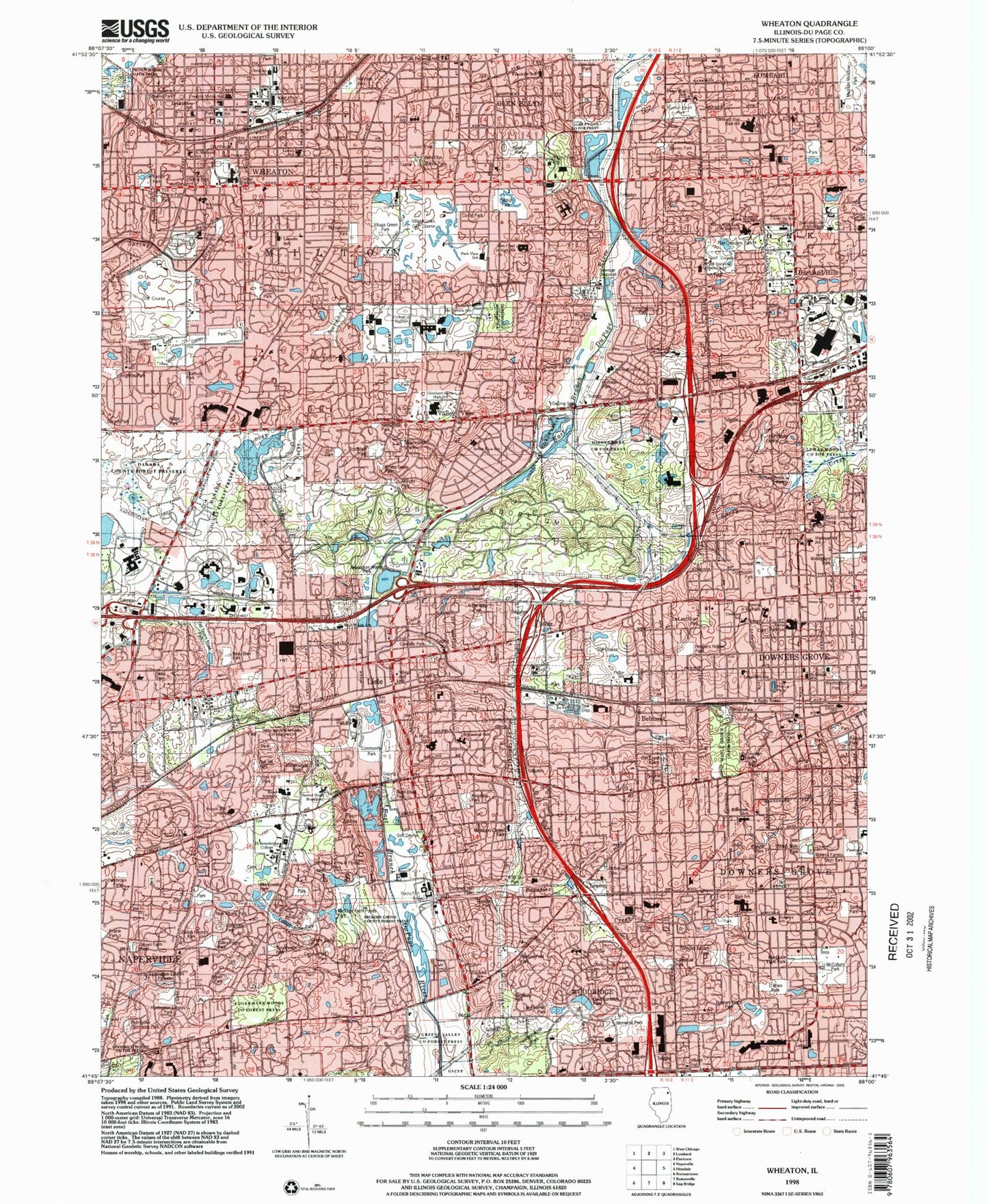 Classic USGS Wheaton Illinois 7.5'x7.5' Topo Map Image