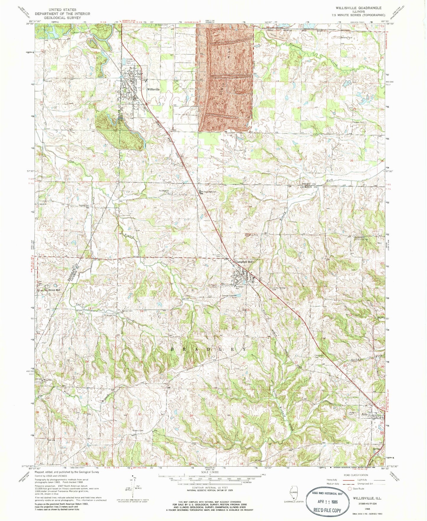 Classic USGS Willisville Illinois 7.5'x7.5' Topo Map Image