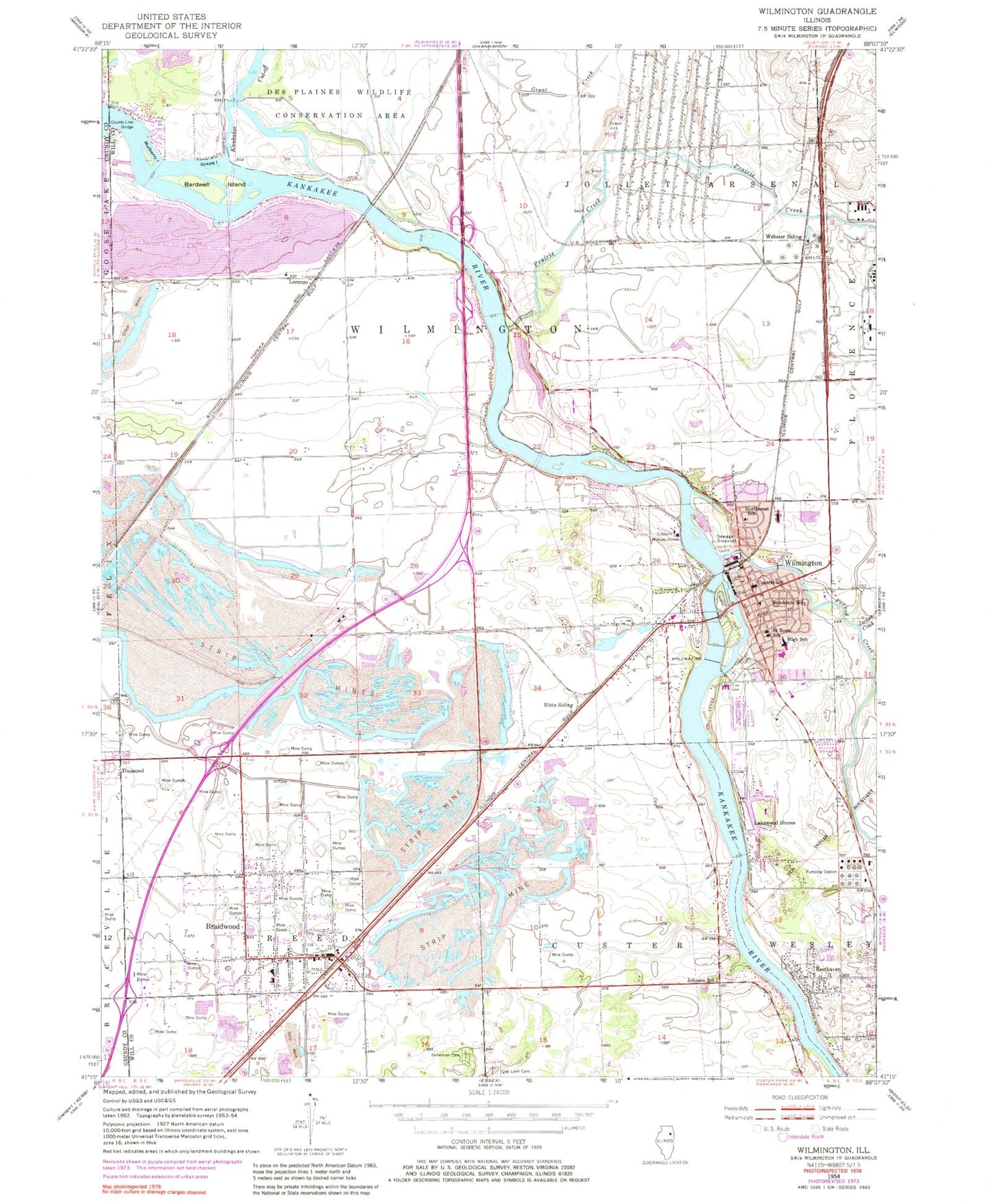 Classic USGS Wilmington Illinois 7.5'x7.5' Topo Map Image