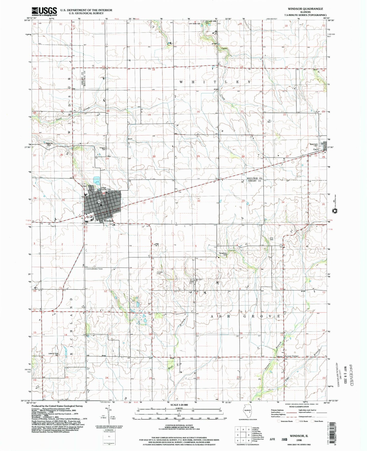 Classic USGS Windsor Illinois 7.5'x7.5' Topo Map Image