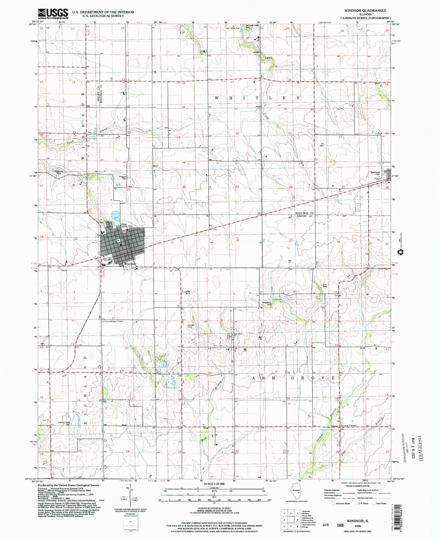 Classic USGS Windsor Illinois 7.5'x7.5' Topo Map Image