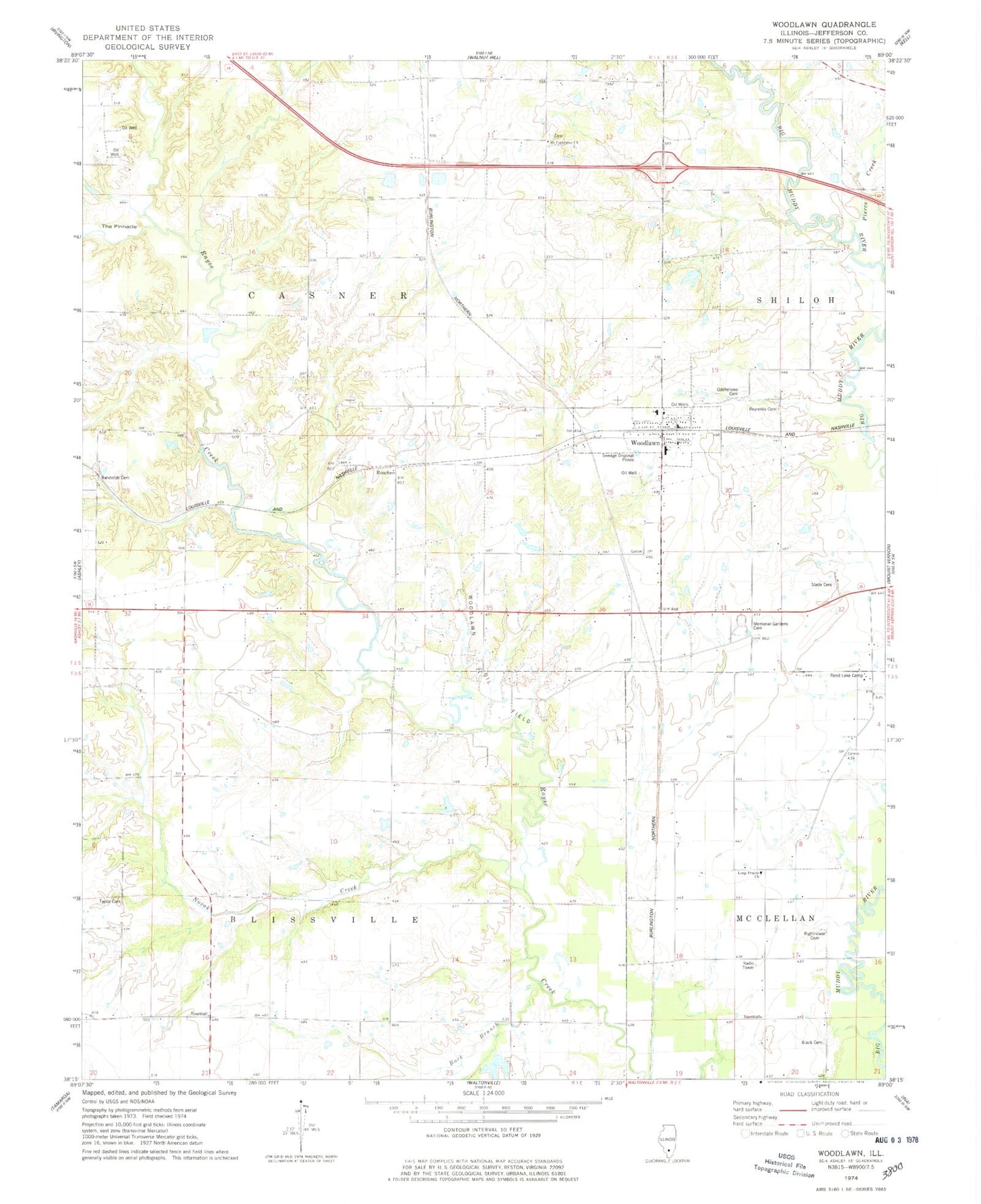Classic USGS Woodlawn Illinois 7.5'x7.5' Topo Map Image