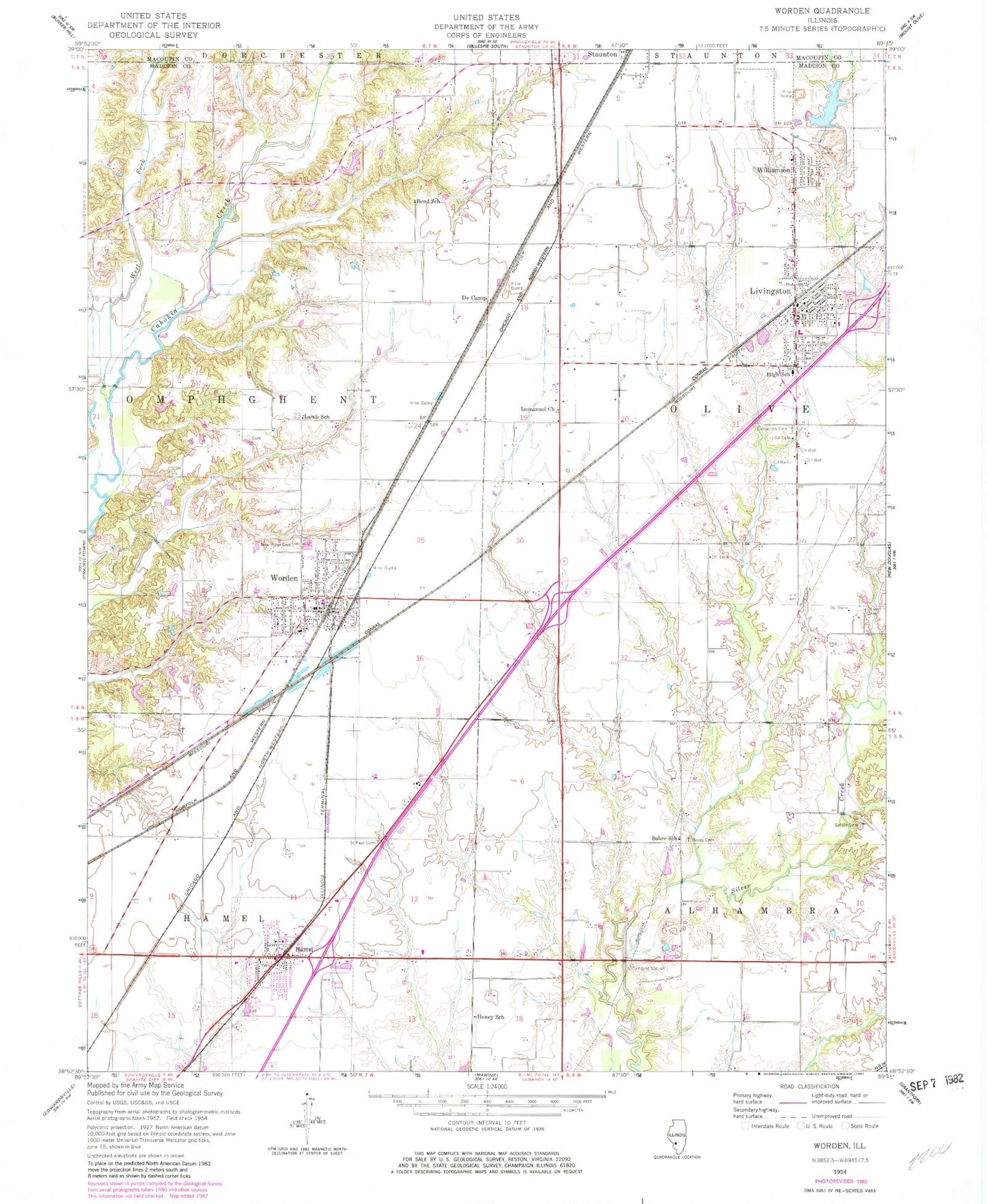 Classic USGS Worden Illinois 7.5'x7.5' Topo Map Image